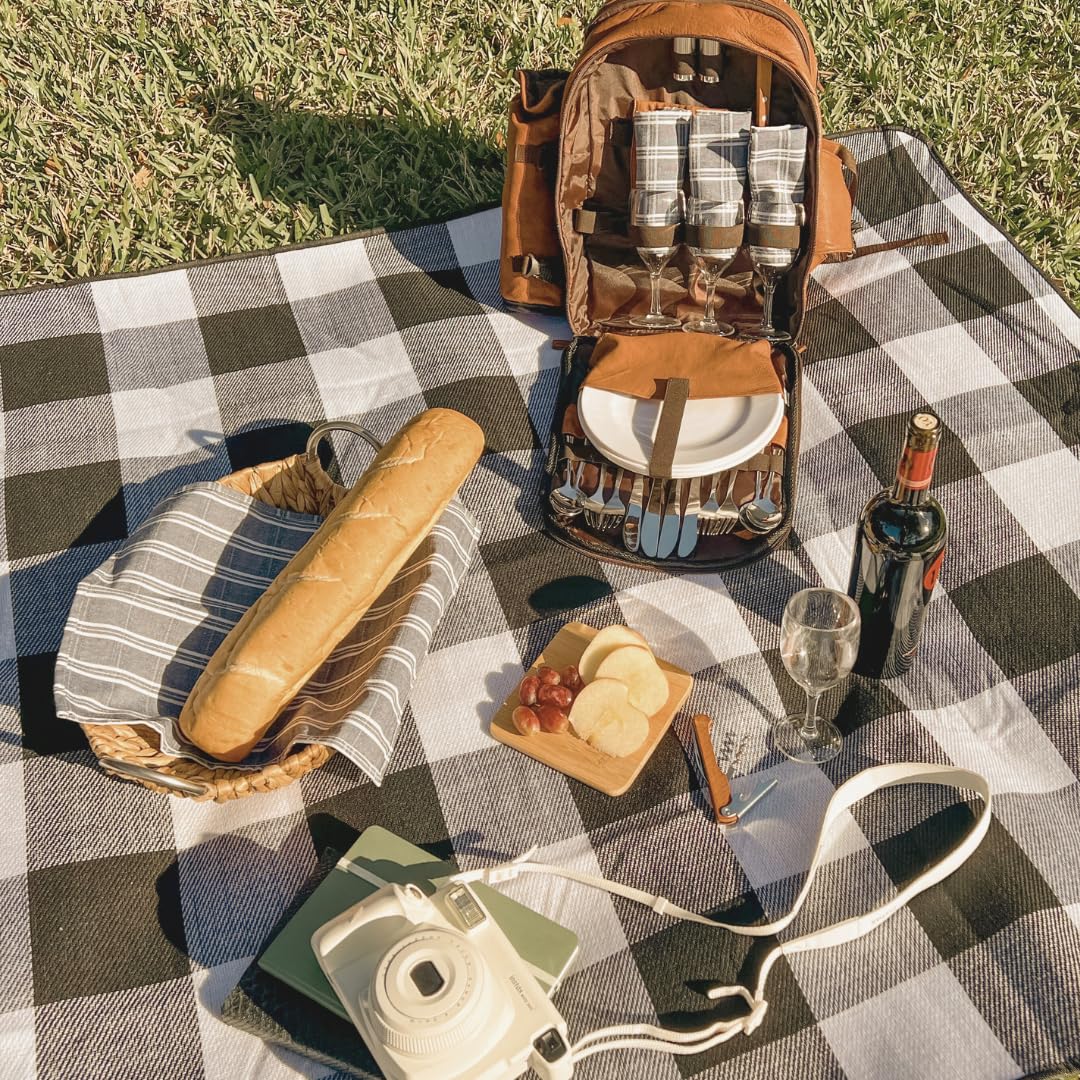 Premium Genuine Leather Picnic Backpack for 4 People - Insulated Cooler Compartment, Soft Blanket, 4 Dinner Plates & Cutlery Set - Luxury Outdoor Picnic Accessories for Couples, Family & Friends (Brown) - Perfect for Beach, Park, Camping & Romantic Dates