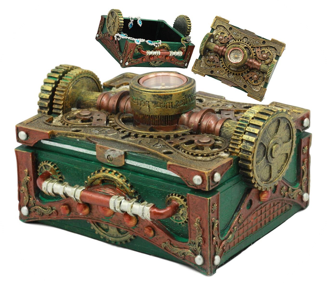 Steampunk Mechanical Gears Jewelry Box with Compass - Vintage Secret Storage Box for Necklaces & Rings - Unique Home Decor Gift for Birthdays & Anniversaries (EB-6808GIF)