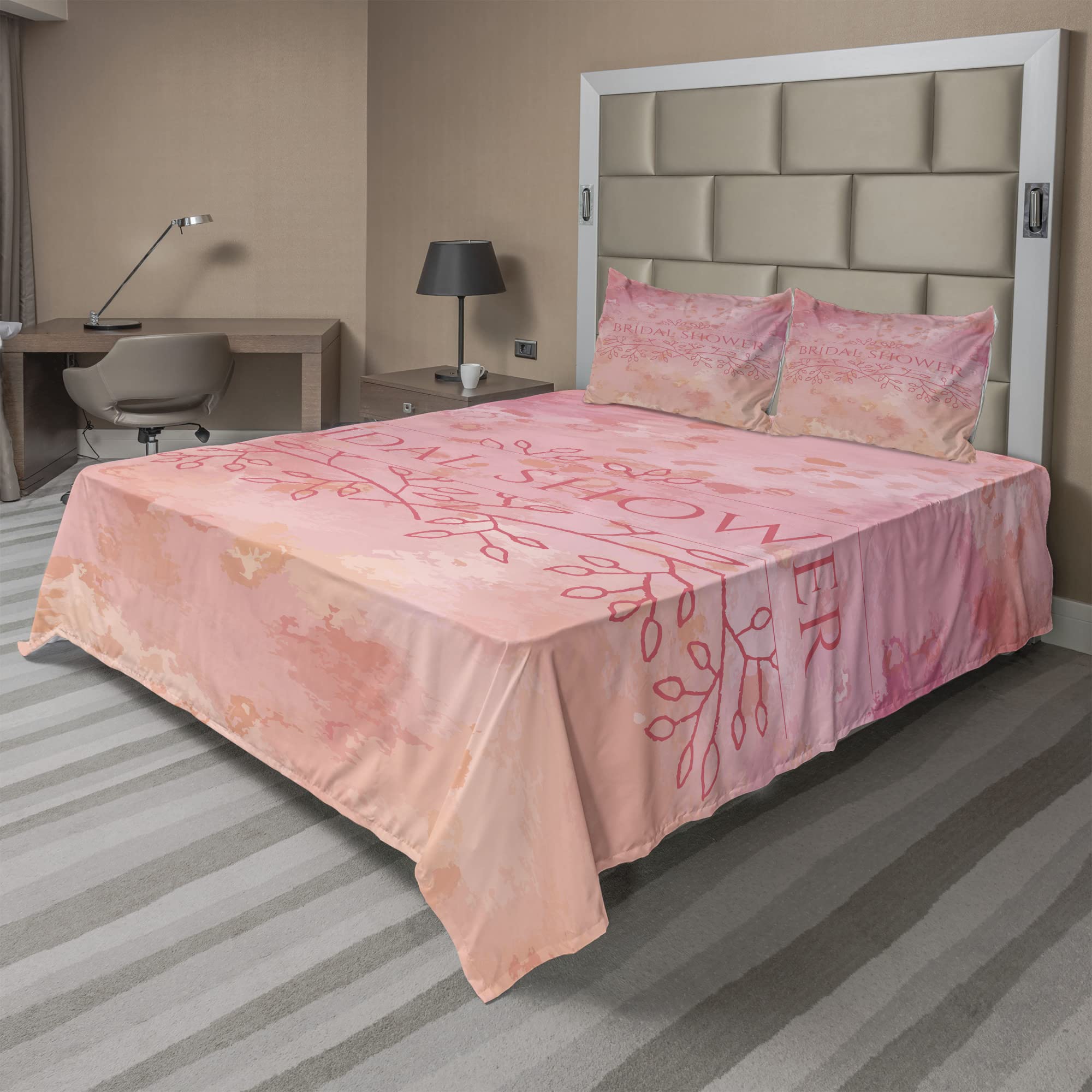 Ambesonne 4-Piece Bridal Shower Sheet Set - Full Size Floral Abstract Print Bedding with Fitted Sheet, Flat Sheet & Pillowcases in Pale Pink & Salmon | Perfect for Wedding Guest Rooms, Honeymoon Suites & Bridal Party Gifts