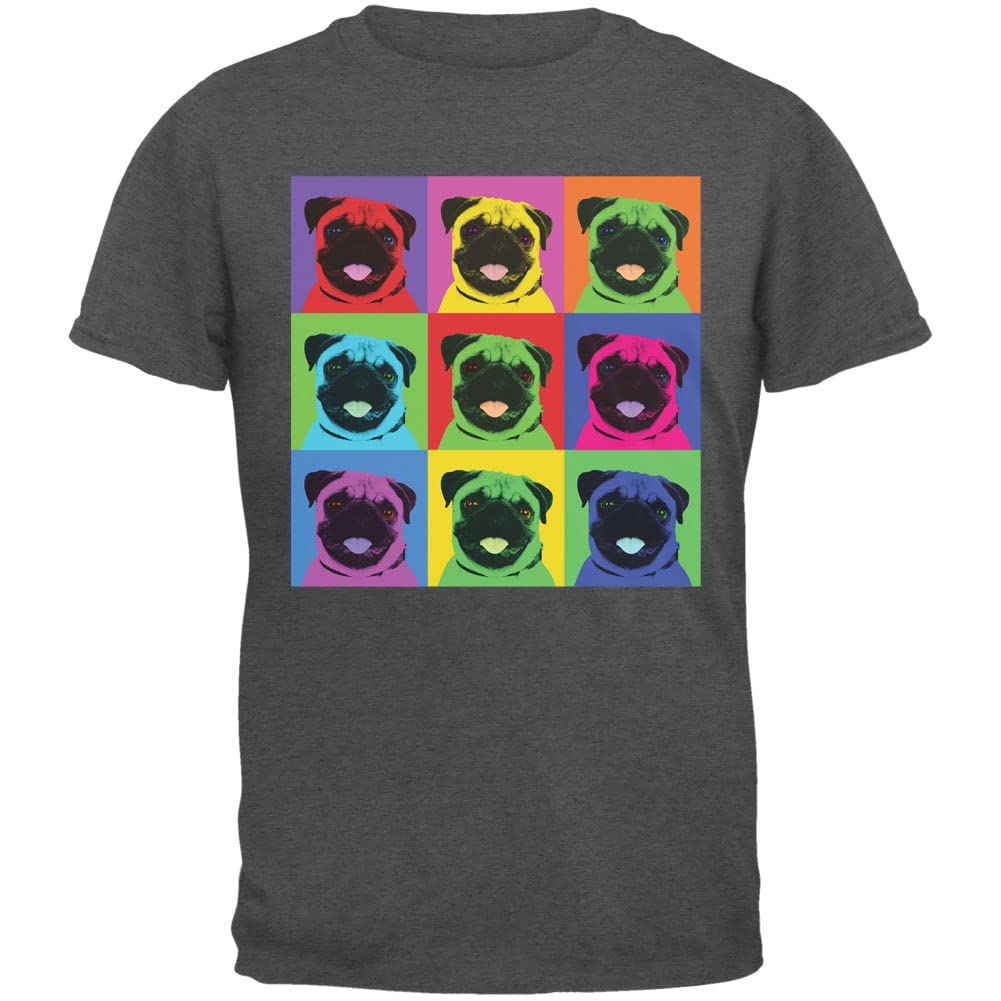 Pug Pop Art Repeating Squares Dark Heather Adult T-Shirt | Funny Dog Lover Graphic Tee | Casual Wear & Gift for Pet Owners