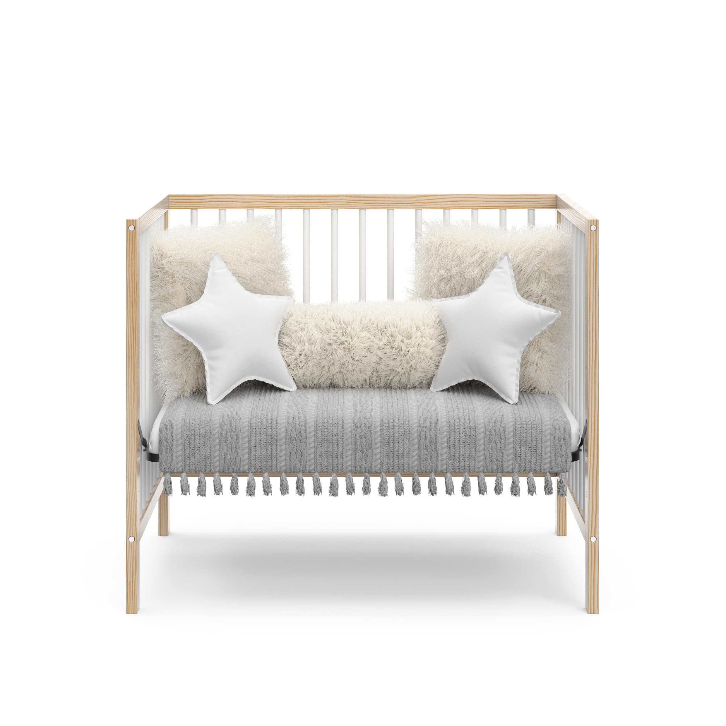 Graco Teddi 4-in-1 Convertible Mini Crib with Water-Resistant Mattress – GREENGUARD Gold Certified, Natural & White Finish, 2.75-Inch Mattress Included, Space-Saving Design, Easy 30-Minute Assembly – Perfect for Small Nurseries, Apartments & Travel