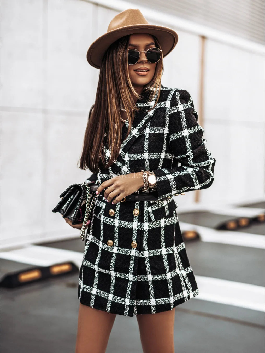 Elegant Women's Long Sleeve Wool Plaid Patchwork Blazer Coat - Retro Winter Windbreaker for Office, Dating & Fall Fashion