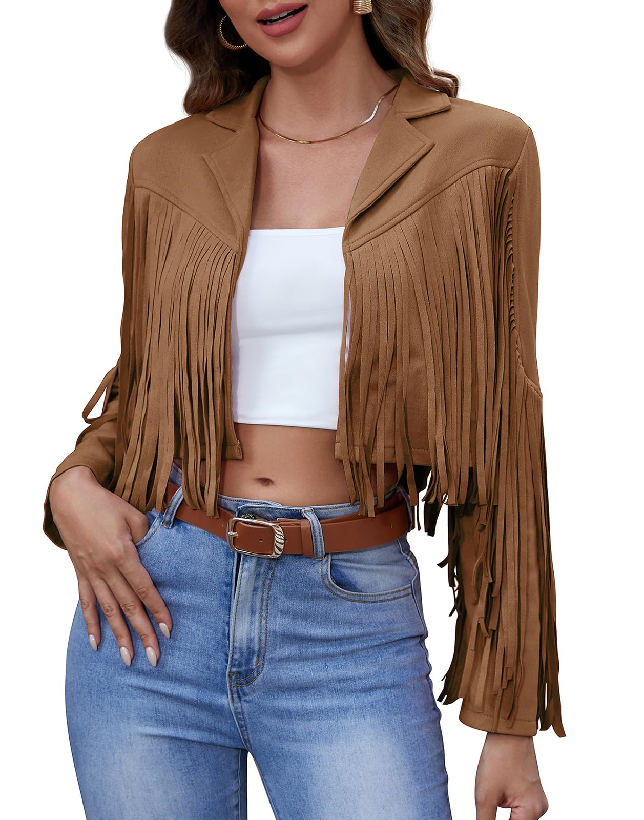 Trendy Women's Faux Leather Jacket with Fringe & Tassel Details - Cropped Suede Motorcycle Coat for Casual Outfits | Perfect for Biker Style, Night Out & Fall Fashion