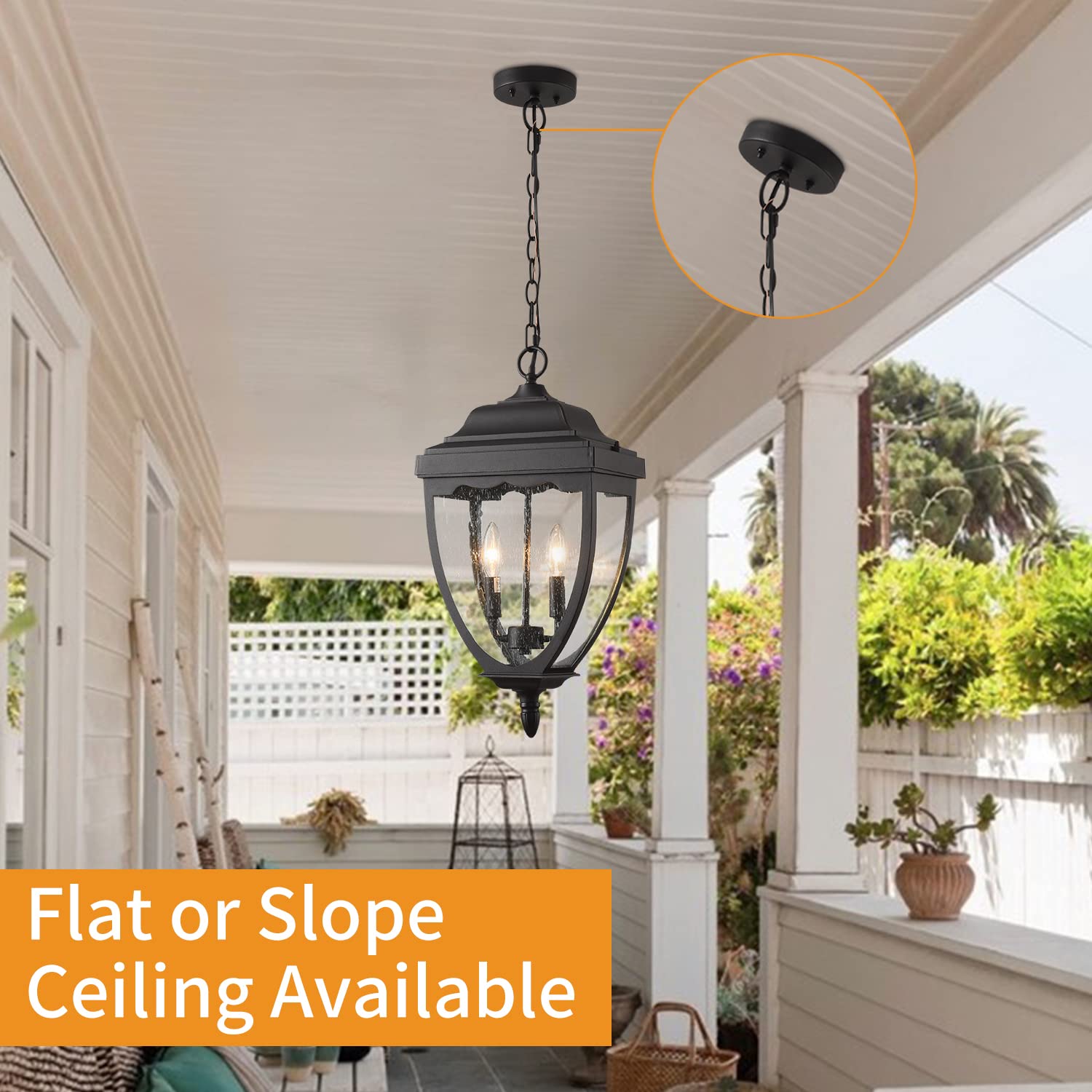 Black Outdoor Pendant Light Fixtures - Exterior Hanging Lantern Chandelier with Seeded Glass for Entryway, Doorway, Farmhouse & Foyer - Perfect for Porch, Patio, and Garden Lighting