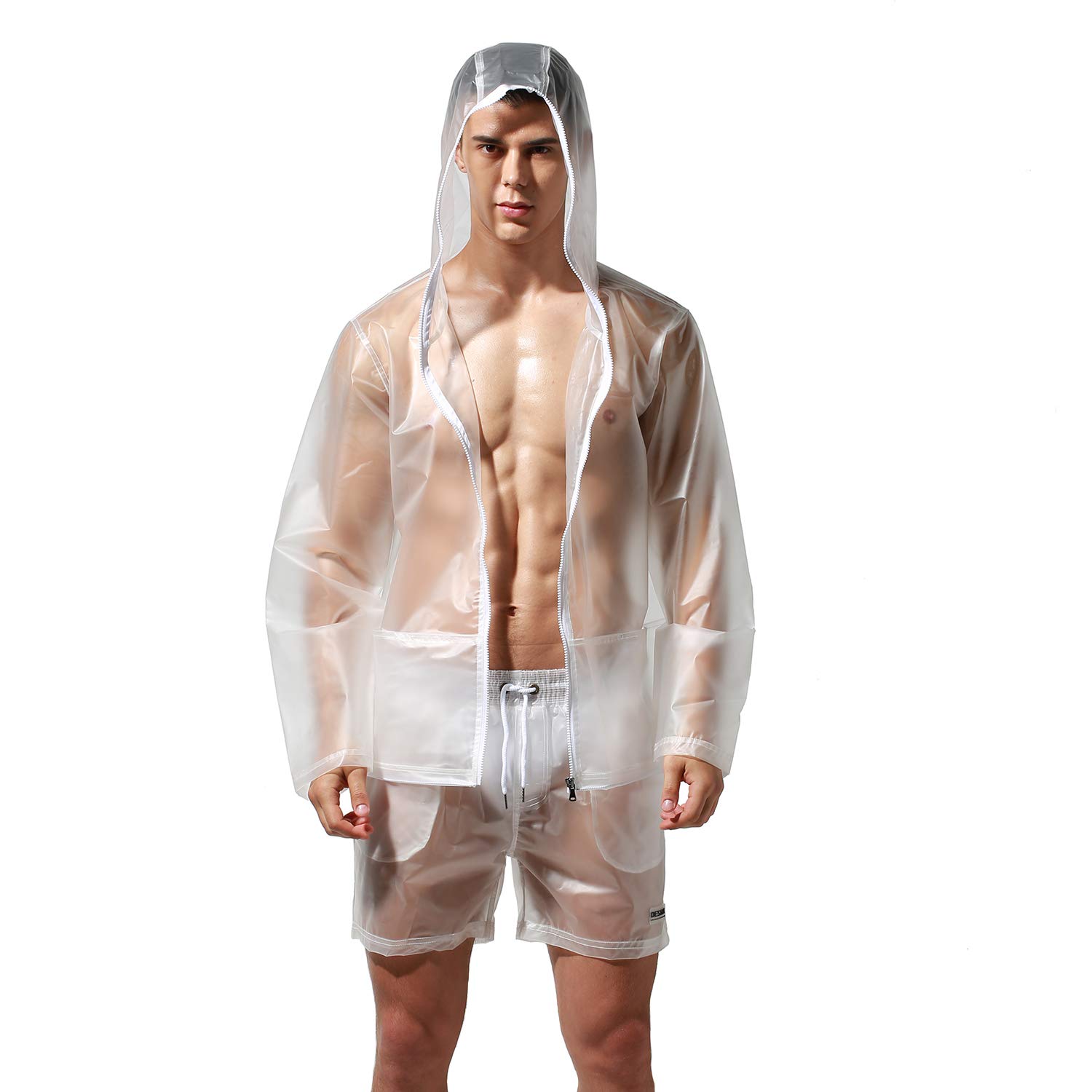Waterproof Men's PU Raincoat & Shorts Set - Solid Color Fashion Travel Jacket for Outdoor Activities, Hiking, and Commuting