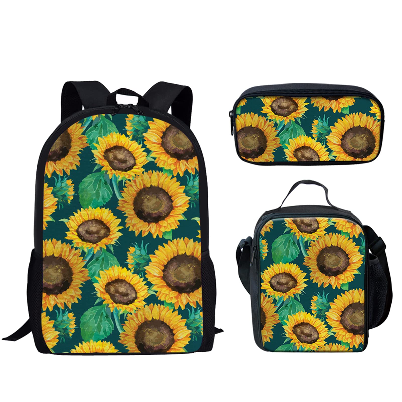 Bulopur Floral School Backpack Set for Teens - 3-Piece Yellow Sunflower Backpack with Lunch Bag & Pencil Case, Durable Bookbag for Girls & Boys - Perfect for School, College, Travel & Daily Use