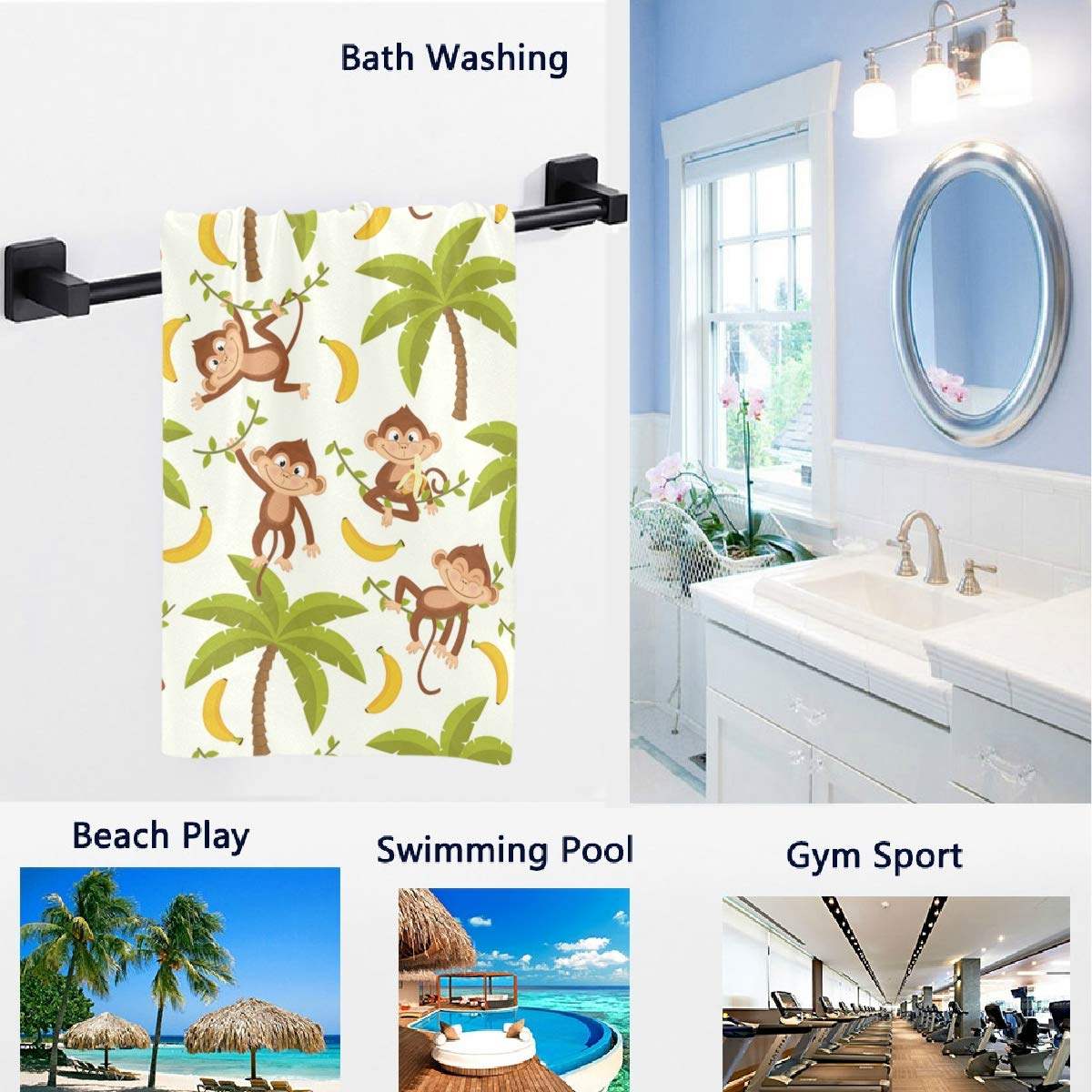 Cute Cartoon Monkey Tree Pattern Soft Absorbent Large Decorative Hand Towels - 16x30 Inch Multipurpose Bath, Hotel, Gym & Spa Towels - Perfect for Bathroom Decor, Guest Towels & Spa Essentials