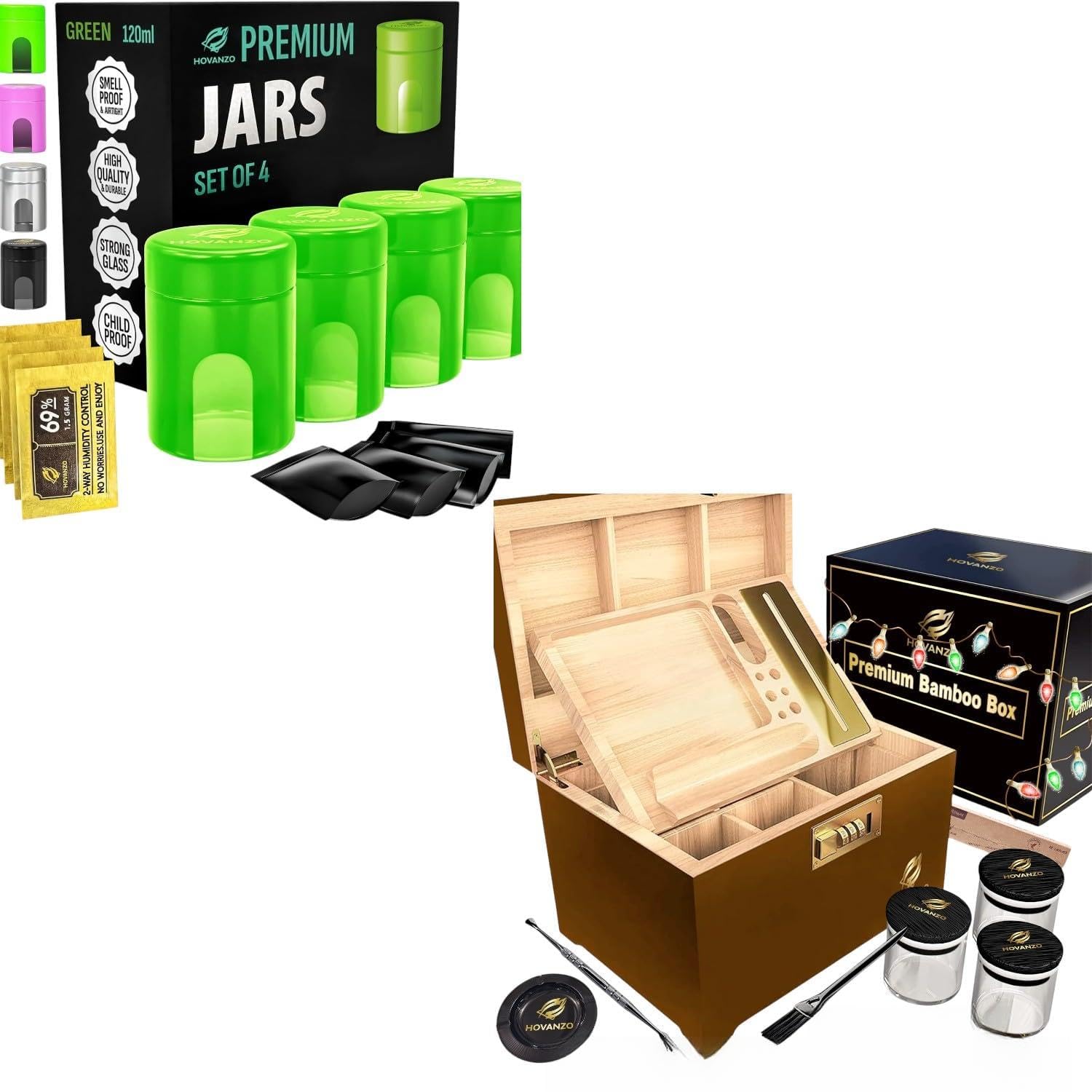Large Bamboo Storage Box with Airtight Glass Jars & Combination Lock - Decorative Wooden Locking Box with Rolling Tray - Perfect for Kitchen Pantry Organization, Jewelry Storage & Home Decor