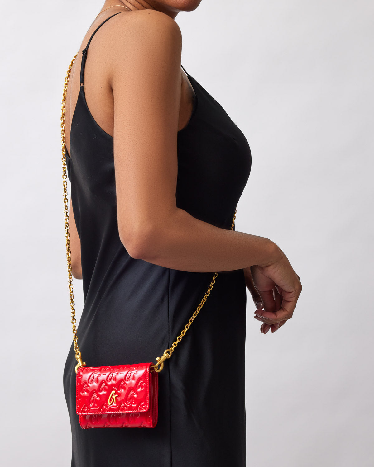 Luxury Monogram Gold Compact Wallet on Chain (WOC) with Mirror Red Interior - Perfect for Evening Parties, Date Nights & Special Occasions