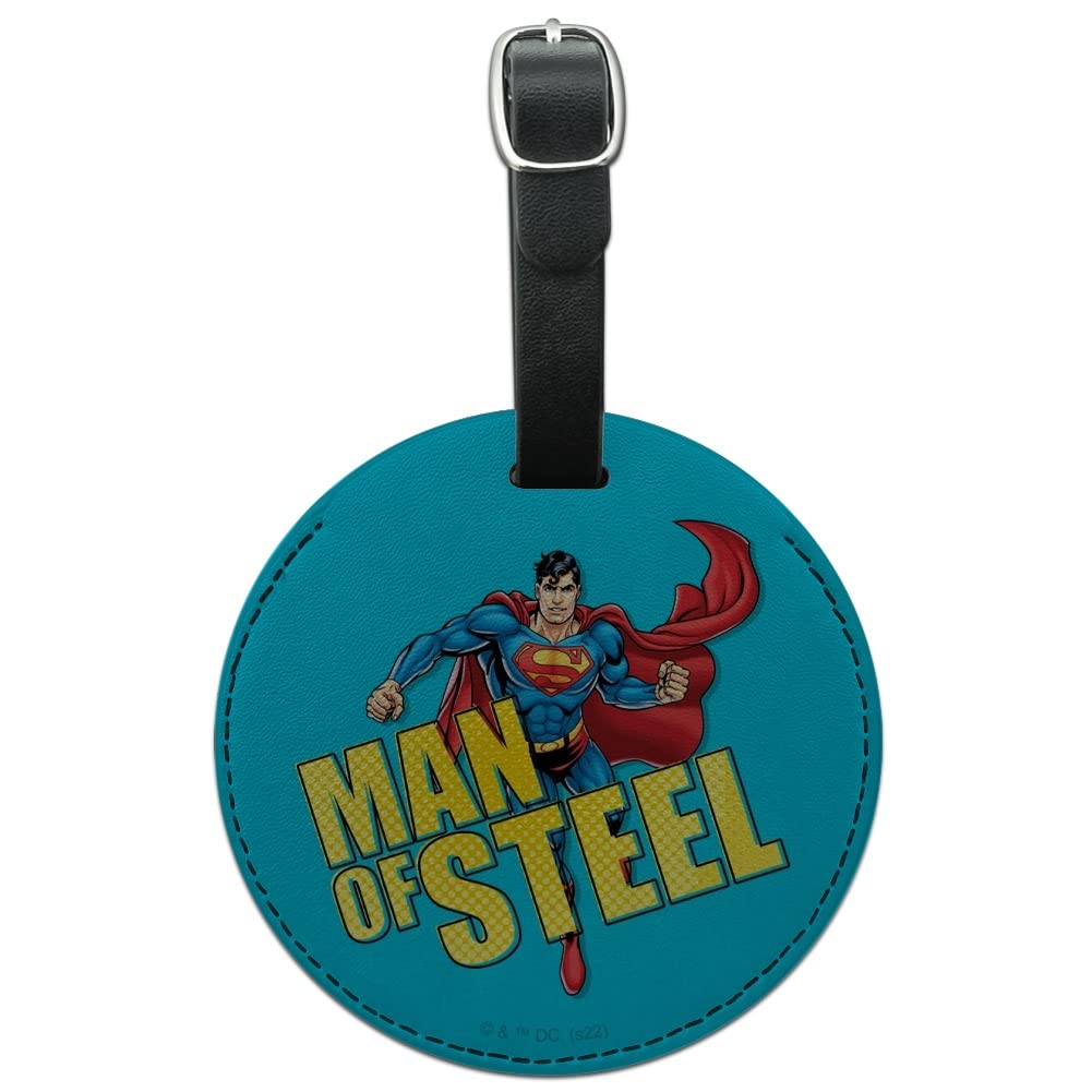 Superman The Man of Steel Leather Luggage Tag - Round Carry-On ID Tag for Suitcases, Backpacks & Travel Bags - Perfect for Airports, Business Trips & Vacation Travel Accessories