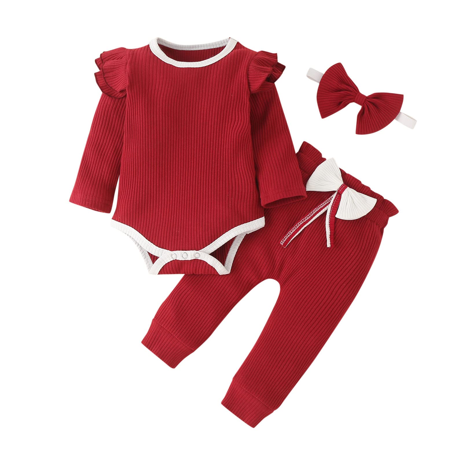 Baby Girls Clothes Set - Newborn Infant Ribbed Romper with Long Sleeve Top, Pants & Headband - 3PCS Outfit for Photos, Parties & Daily Wear