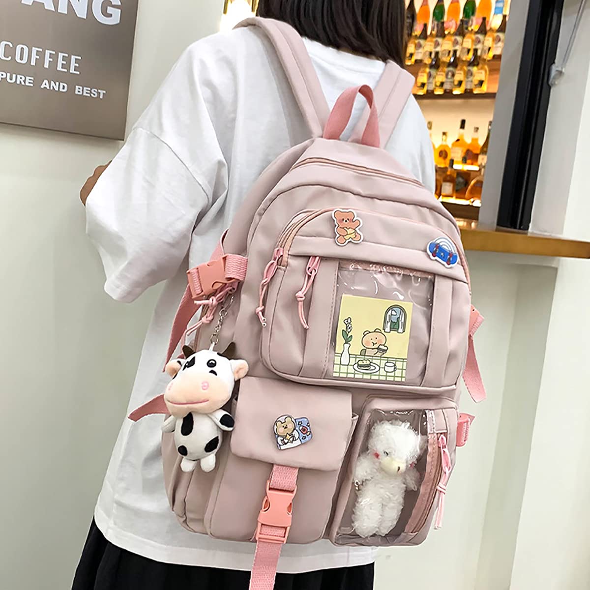 Cute Aesthetic Backpack for Women - Lightweight Travel Backpack with Kawaii Badge Pins & Keychain Pendant - Perfect for School, Work, Travel and Daily Use