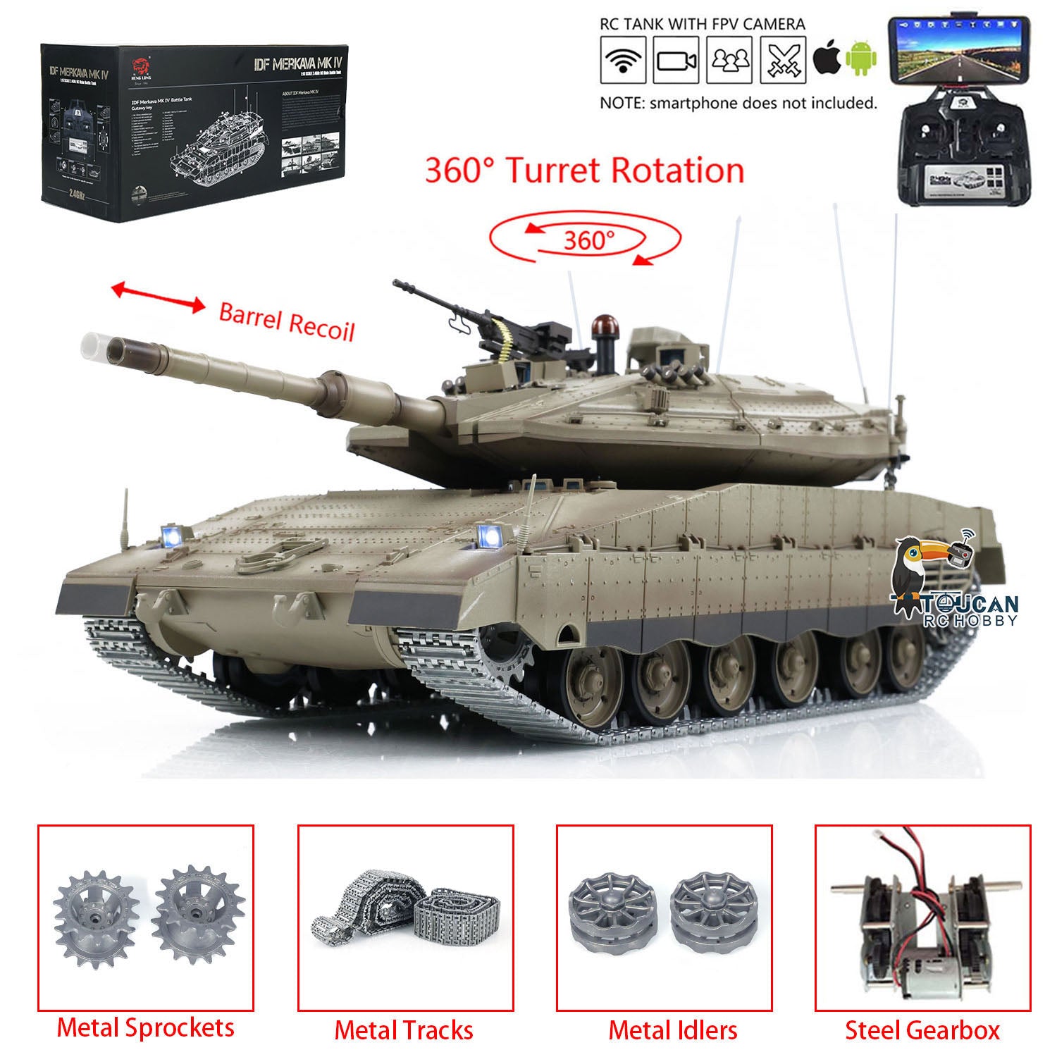 1:16 Heng Long 3958 RC Main Battle Tank IDF Merkava MK IV FPV Upgrade Edition with Metal Tracks, 360° Rotating Barrel & Recoil - Remote Control Military Tank Toy for Adults & Kids, Outdoor Battle Simulation & Collection Display