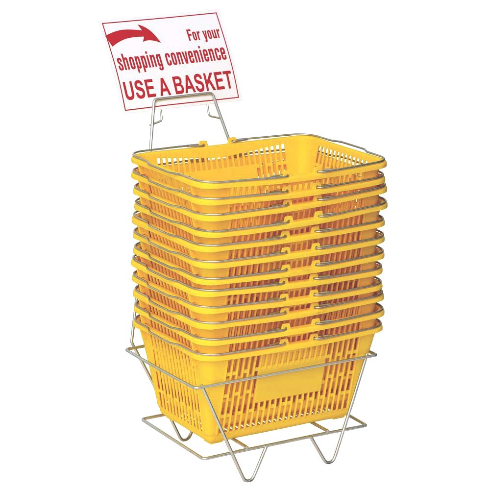 12-Piece Plastic Shopping Basket Set with Metal Handles - Includes Sign and Stand for Retail Stores, Supermarkets & Farmers Markets