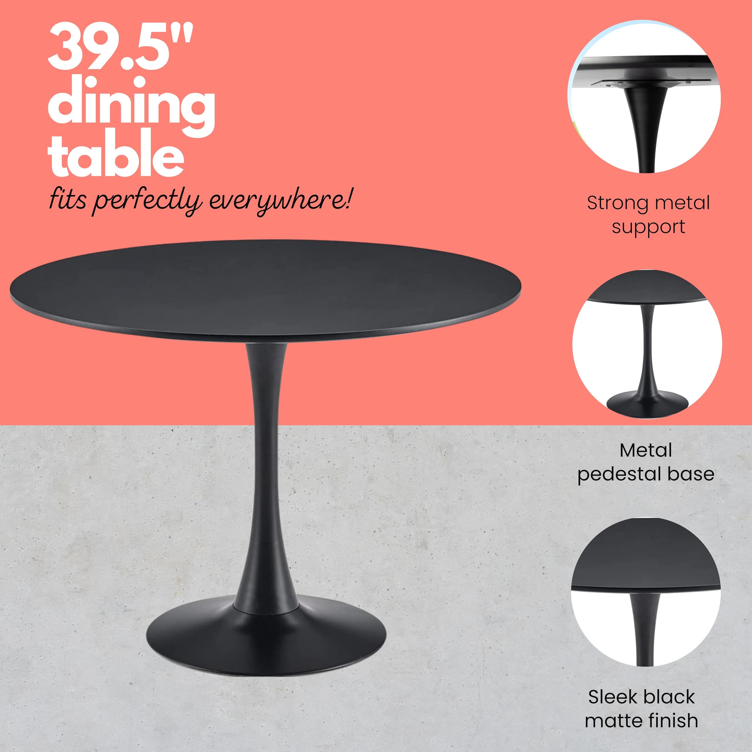 AYKAH 39.5 Inch Round Mid Century Modern Dining Table - Black Kitchen Table for Small Spaces with Solid Pedestal Base - Perfect for Breakfast Nooks, Cozy Apartments & 4-Person Family Dinners