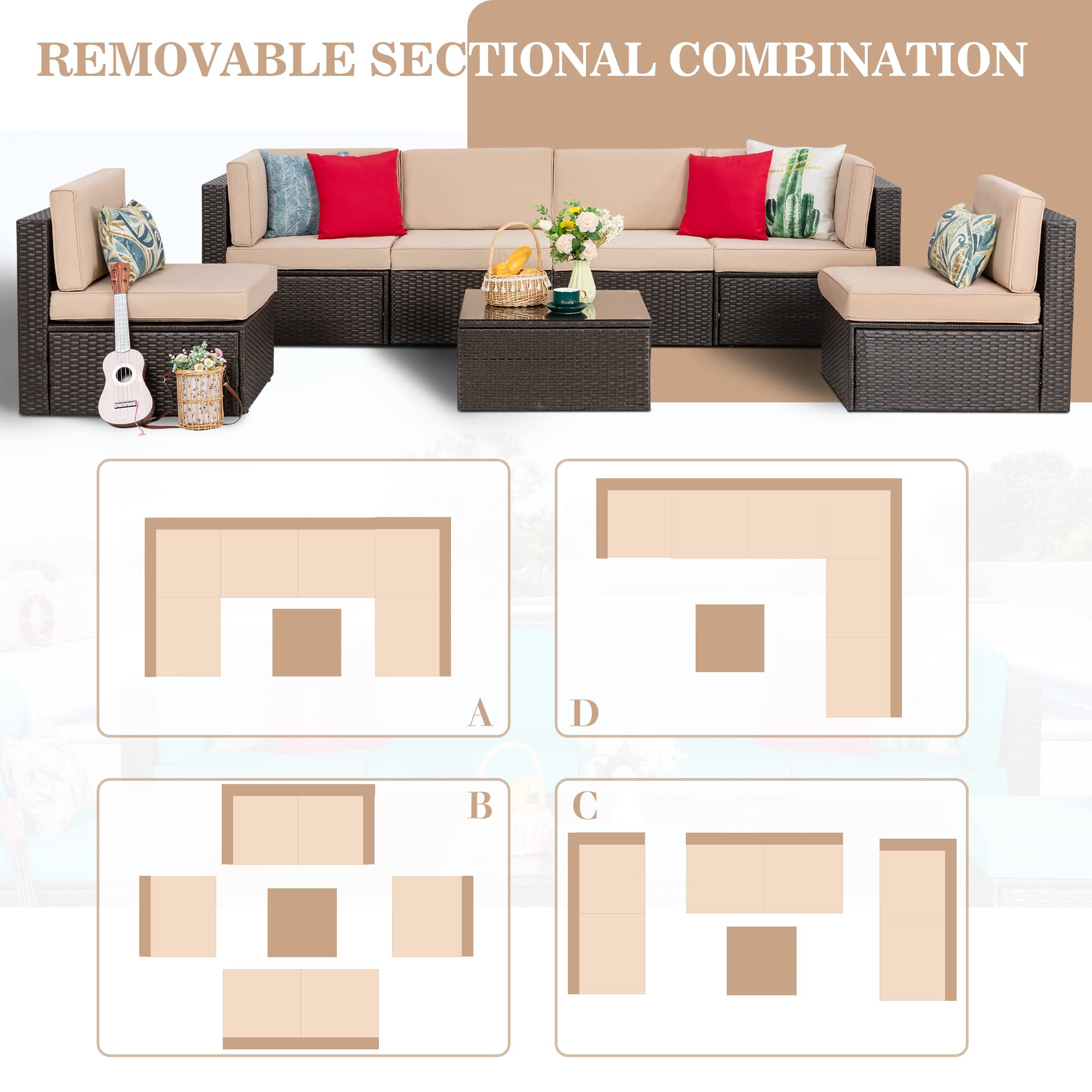 Vongrasig 7-Piece Outdoor Patio Furniture Set - PE Wicker Rattan Sectional Sofa with Cushions, Glass Coffee Table & Red Throw Pillows (Beige) - Perfect for Backyard, Garden, Poolside & Patio Relaxation