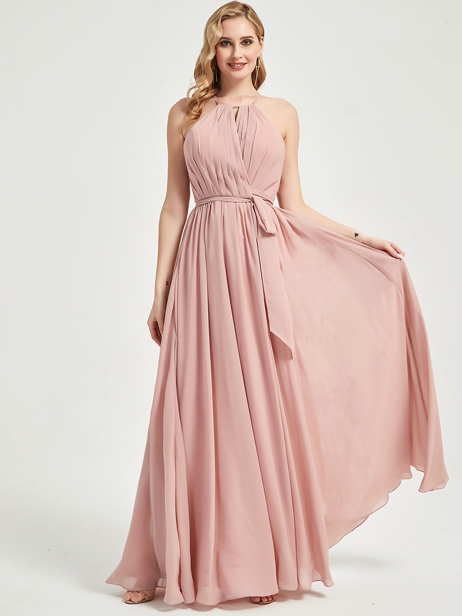 Elegant Blush Pink Halter Neck Wrap Chiffon Bridesmaid Dress with High Slit & Floor Length - Perfect for Weddings, Formal Events & Evening Parties