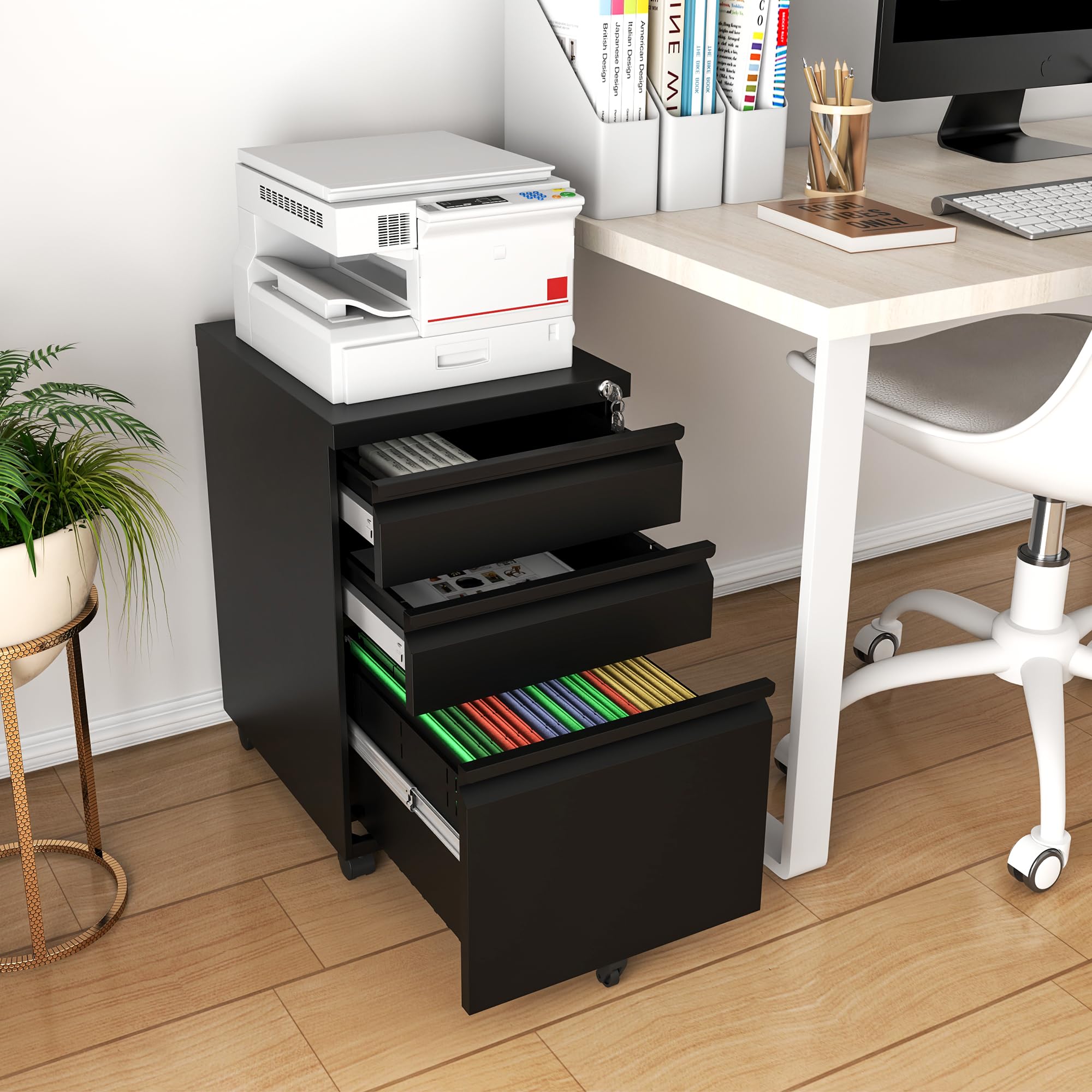 3-Drawer Rolling File Cabinet with Lock - Fully Assembled Metal Under Desk Organizer for Home & Office - Stores Letter, Legal & A4 Documents (Black) - Perfect for Small Spaces & Clutter-Free Workspaces