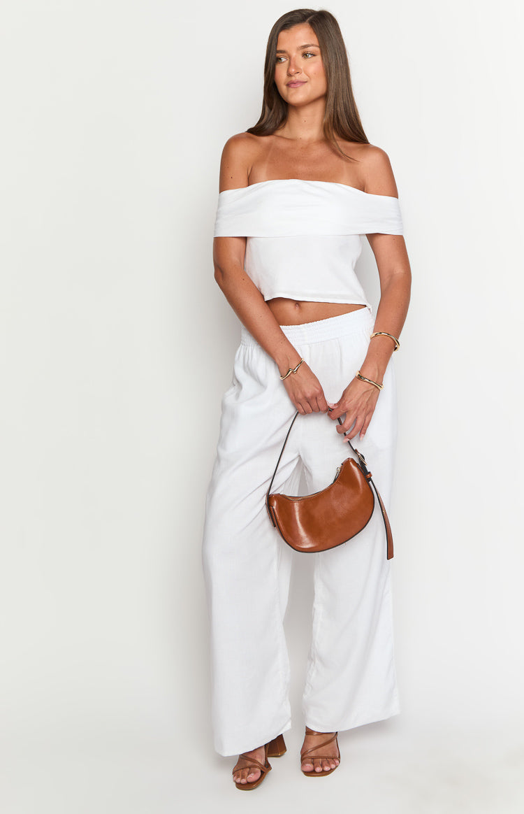 Celsia Women's White Linen Blend Off Shoulder Crop Top - Summer Casual Boho Chic Shirt for Beach, Party & Date Night Outfits