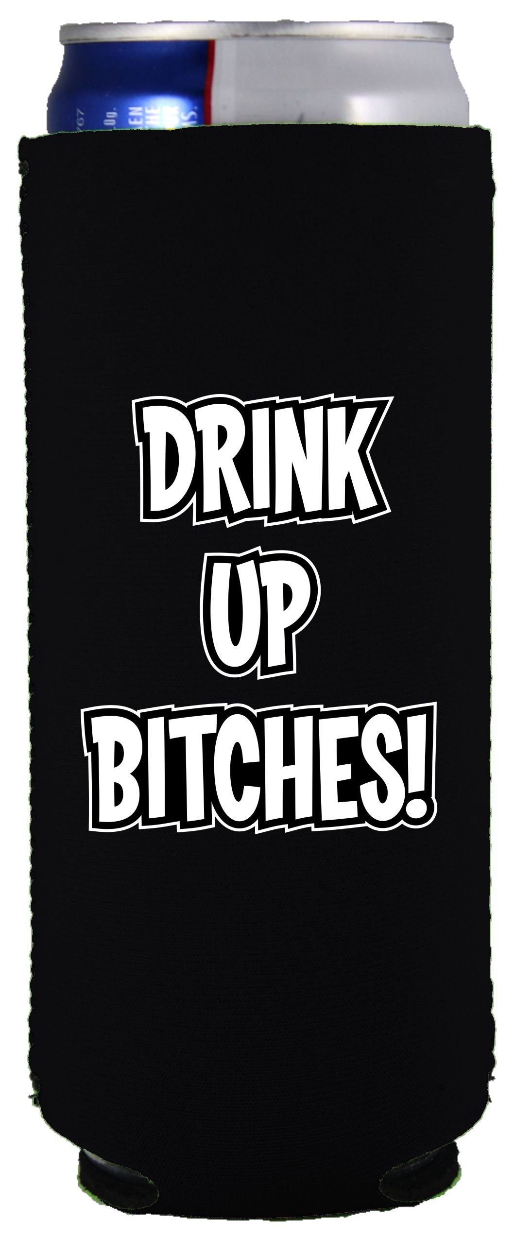 Funny 'Drink Up Bitches' Slim Can Coolie - Black Insulated Beer Can Holder for Parties, BBQs & Beach Days