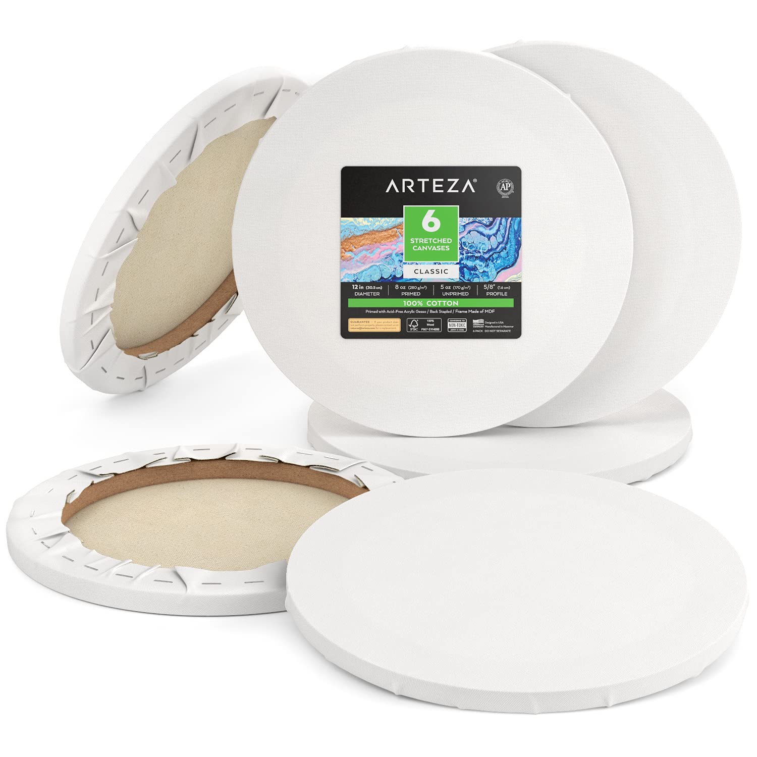 ARTEZA 12 Inch Round Stretched Canvas - Pack of 6 Blank White Painting Panels for Acrylic, Oil & Gouache - Perfect for Artists, Beginners & Home Decor (Wall Art, DIY Projects, Gift Ideas)