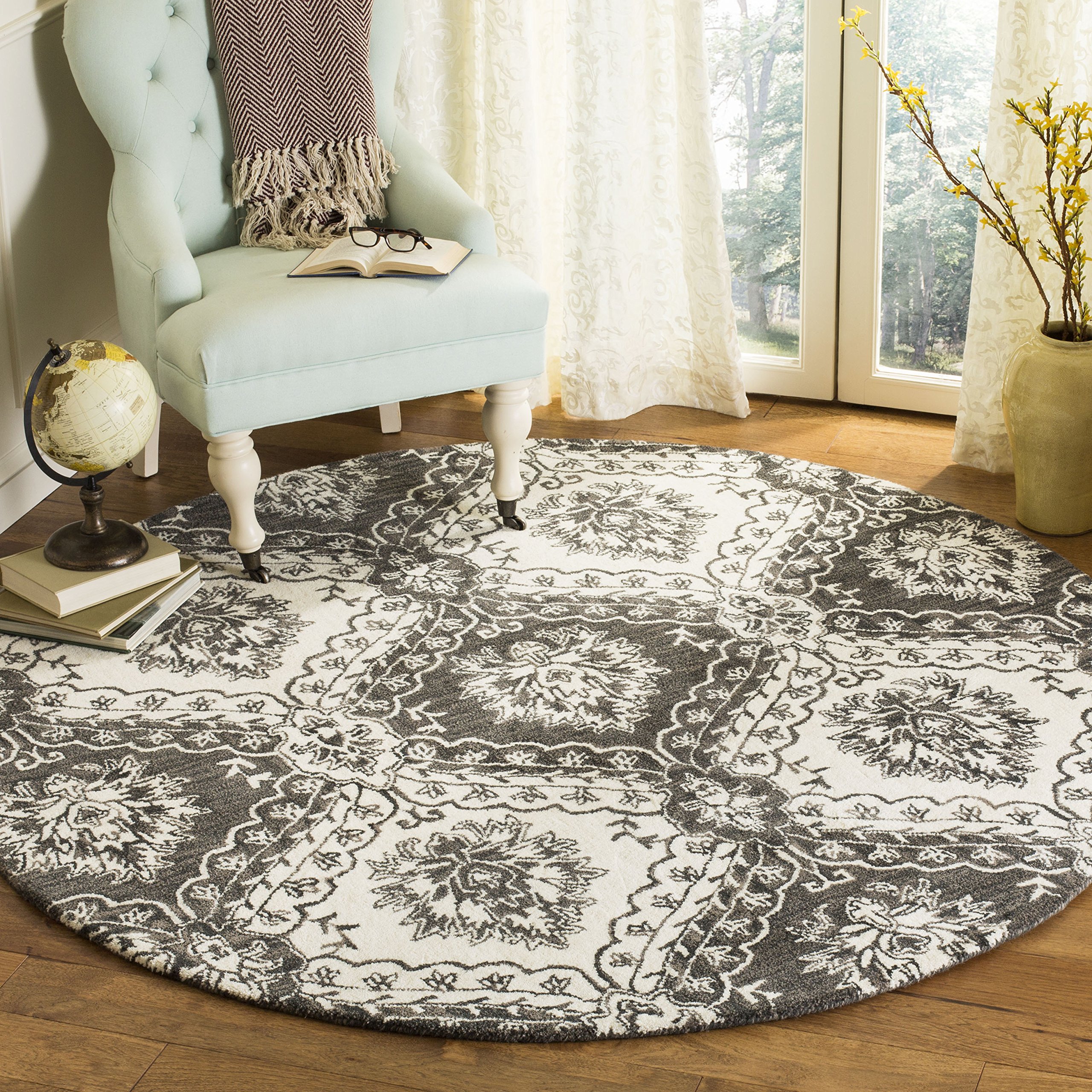 SAFAVIEH Blossom Collection 6-Foot Round Charcoal & Ivory Wool Area Rug - Handmade Premium Quality for Living Room, Bedroom, or Office Decor