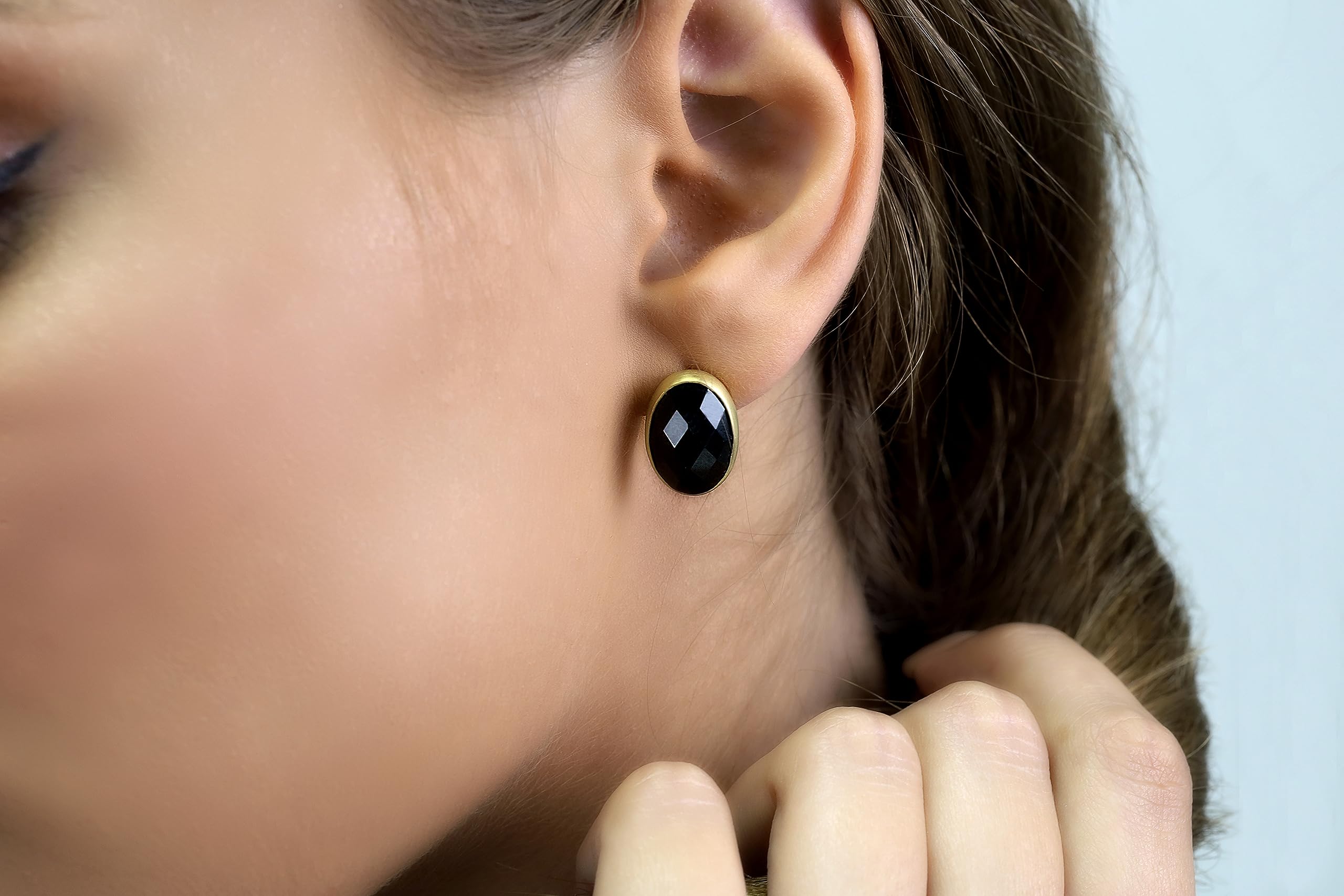Black Onyx Stud Earrings in 18k Gold Vermeil - Minimalist Oval Gemstone Jewelry with Gold Bezel Setting - Perfect for Everyday Wear, Office & Special Occasions