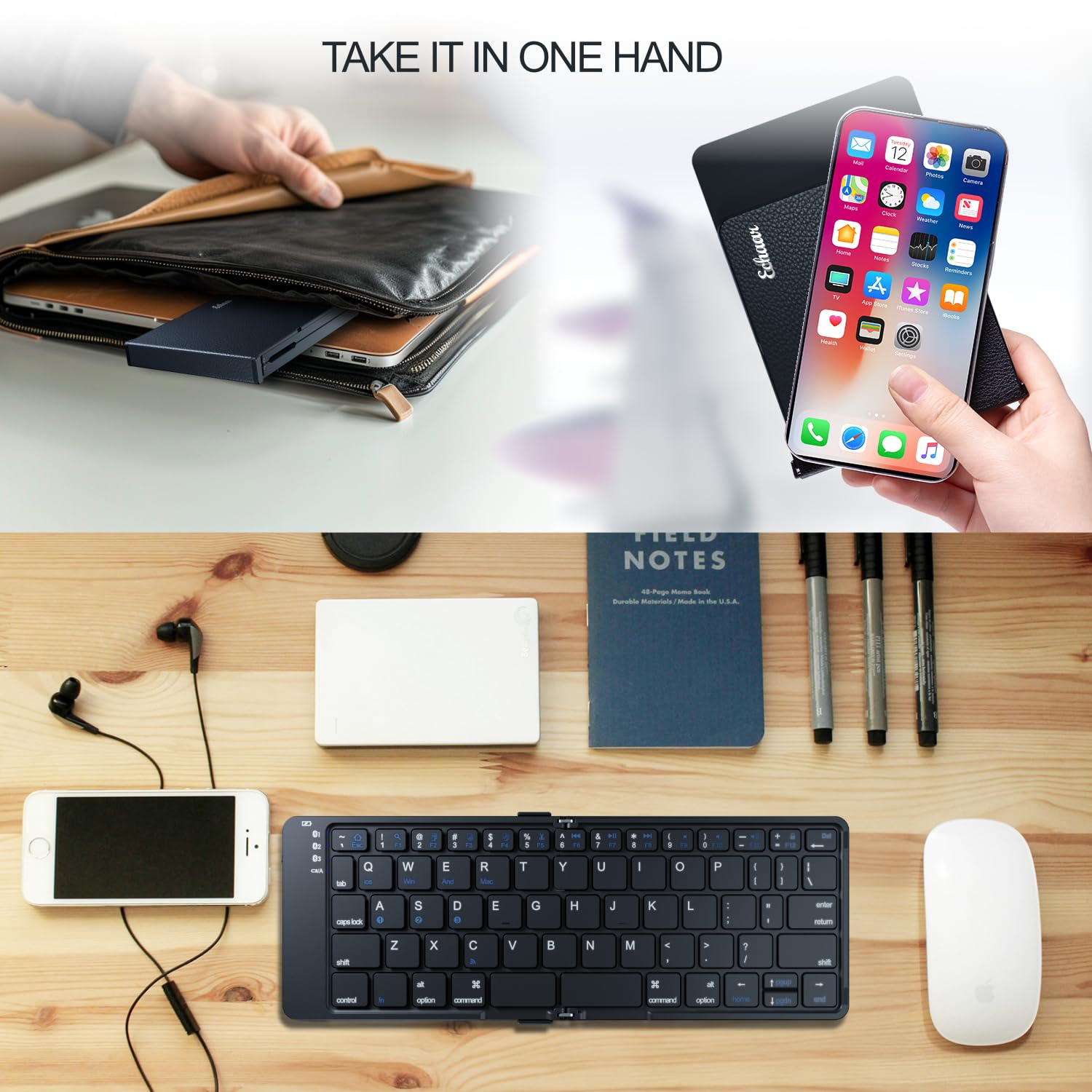 Portable Folding Wireless Bluetooth Keyboard - Ultra-Thin USB-C Rechargeable for iOS Android Windows Mac | Multi-Device Compatible with Smartphone Tablet Laptop | Compact Travel & Business Keyboard for Office, Home, Coffee Shop (Black)
