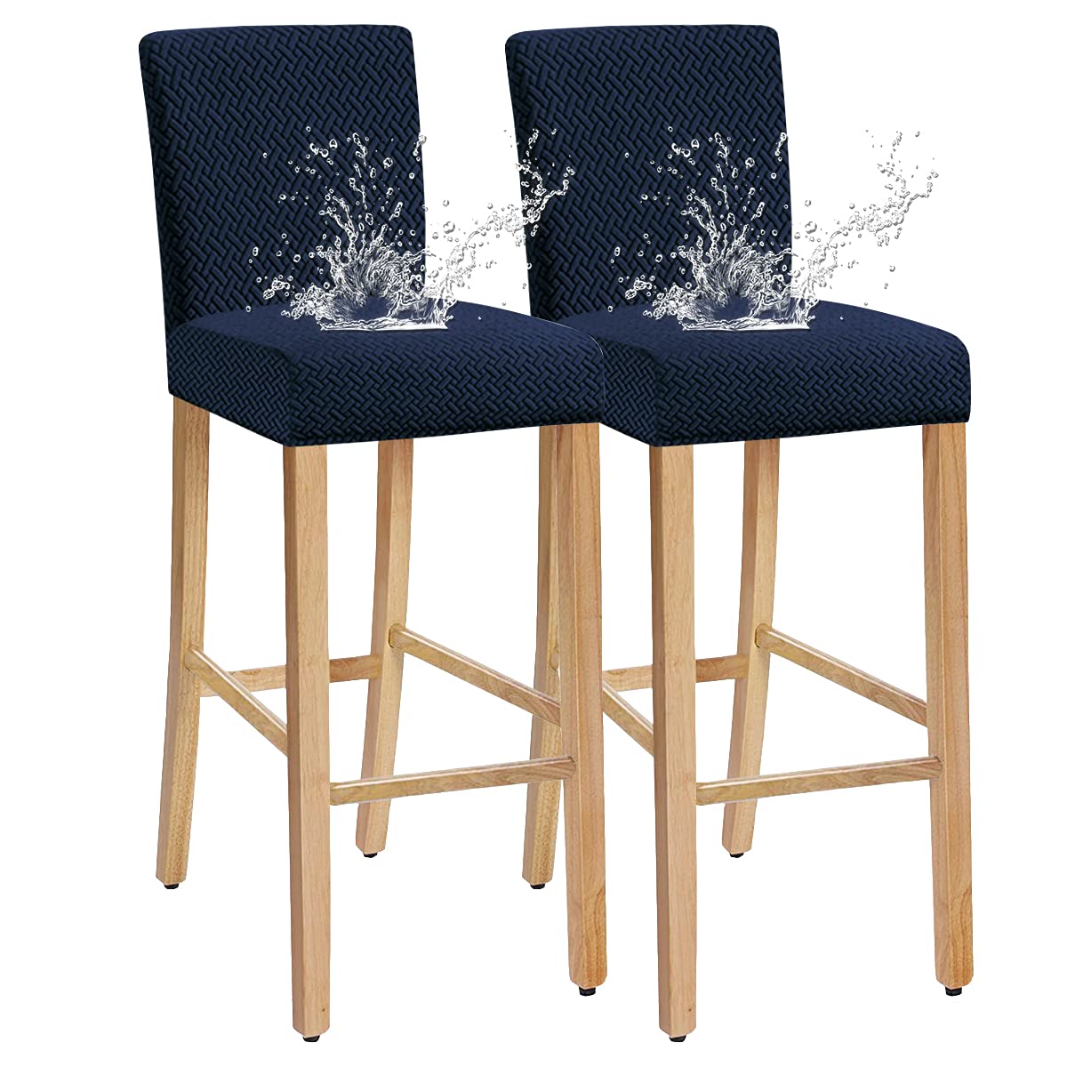 Waterproof Stretch Jacquard Bar Chair Covers - Washable & Removable Slipcovers for Dining Chairs, Bar Stools & Back Chairs (Set of 2, Navy) - Perfect for Restaurants, Cafes & Home Dining Rooms