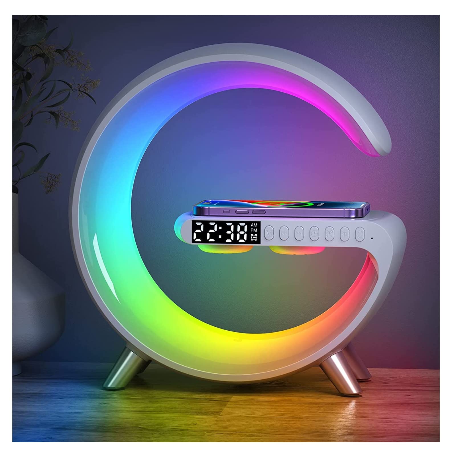 Smart LED Table Lamp with Wireless Charger, Night Light, Alarm Clock & Bluetooth Speaker - 4-in-1 Multifunctional Bedside Lamp with App Control for Bedroom, Office & Home Decor (White) - Perfect for Night Reading, Phone Charging & Relaxing Music