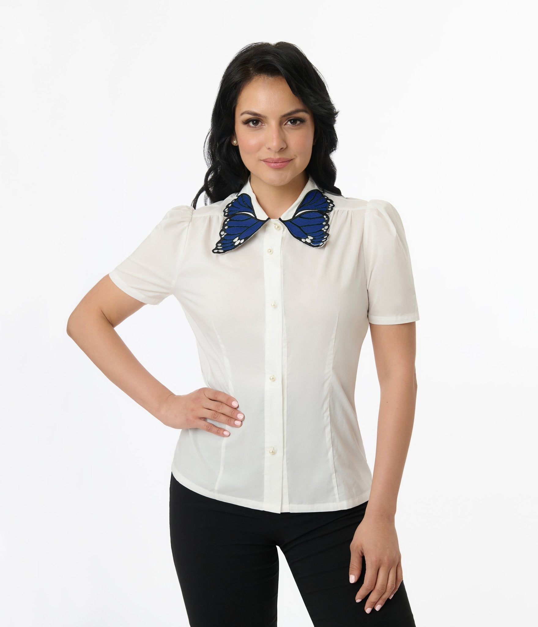 Vintage 1950s White & Blue Butterfly Collar Cotton Blouse - Retro Style Women's Top for Casual Wear, Tea Parties & Vintage Fashion Events