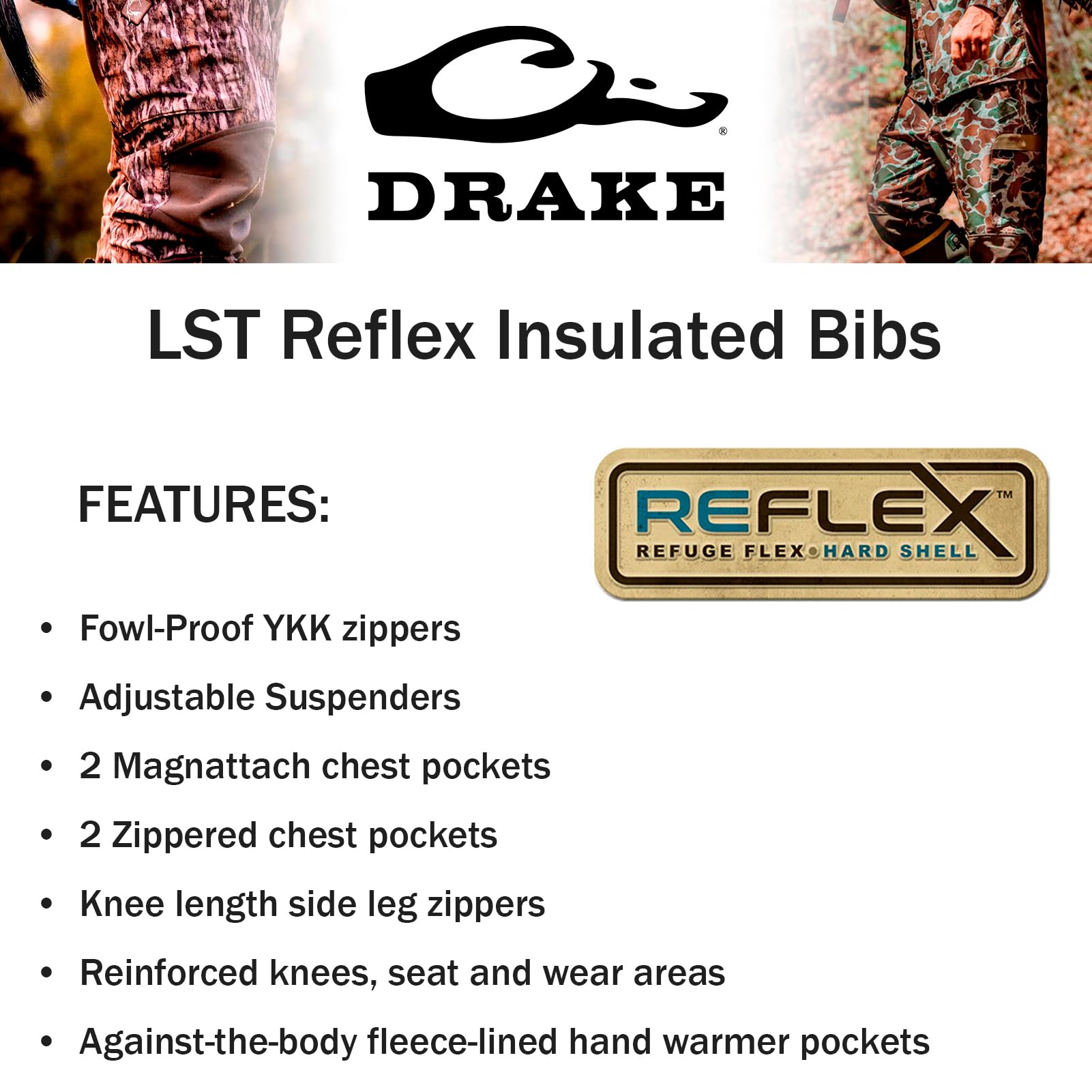 Drake Waterfowl Men's LST Reflex Insulated Hunting Bib - Windproof, Waterproof & Breathable Camo Overalls with Multiple Pockets for Cold Weather Hunting and Outdoor Activities