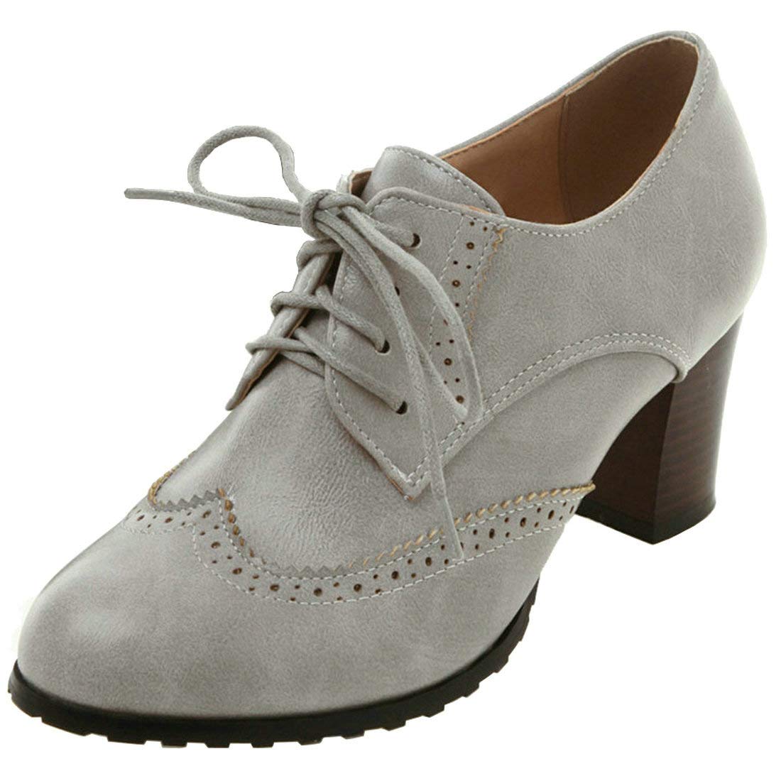 MAVMAX Women's Wingtip Oxford Shoes - Vintage Lace Up Chunky Heel Pumps for Work, Office & Retro Fashion Outfits