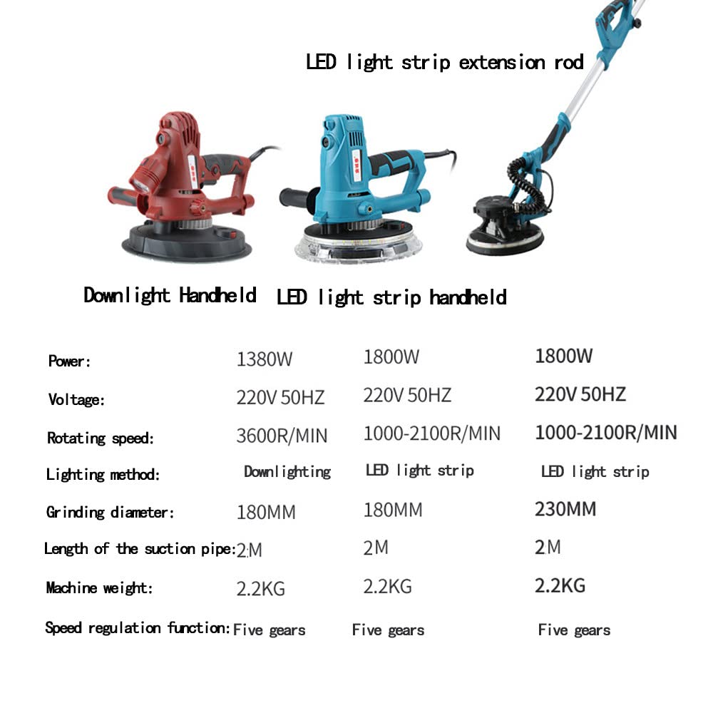 1800W Electric Drywall Sander with LED Lights & Dust-Free Vacuum System - Adjustable Speed 1000-2100RPM, Foldable Design, Includes 50 Sandpapers - Perfect for Wall Repair, Home Renovation, and Professional Construction Projects