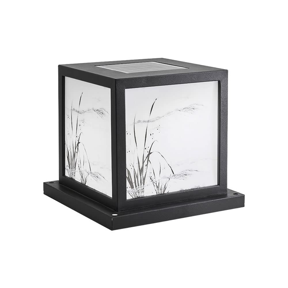 Chinese Orchid Solar Outdoor Post Lantern - Black Square Solar Exterior Pillar Lamp for Deck, Corridor & Patio | Weatherproof LED Column Light for Garden, Pathway & Entryway Lighting
