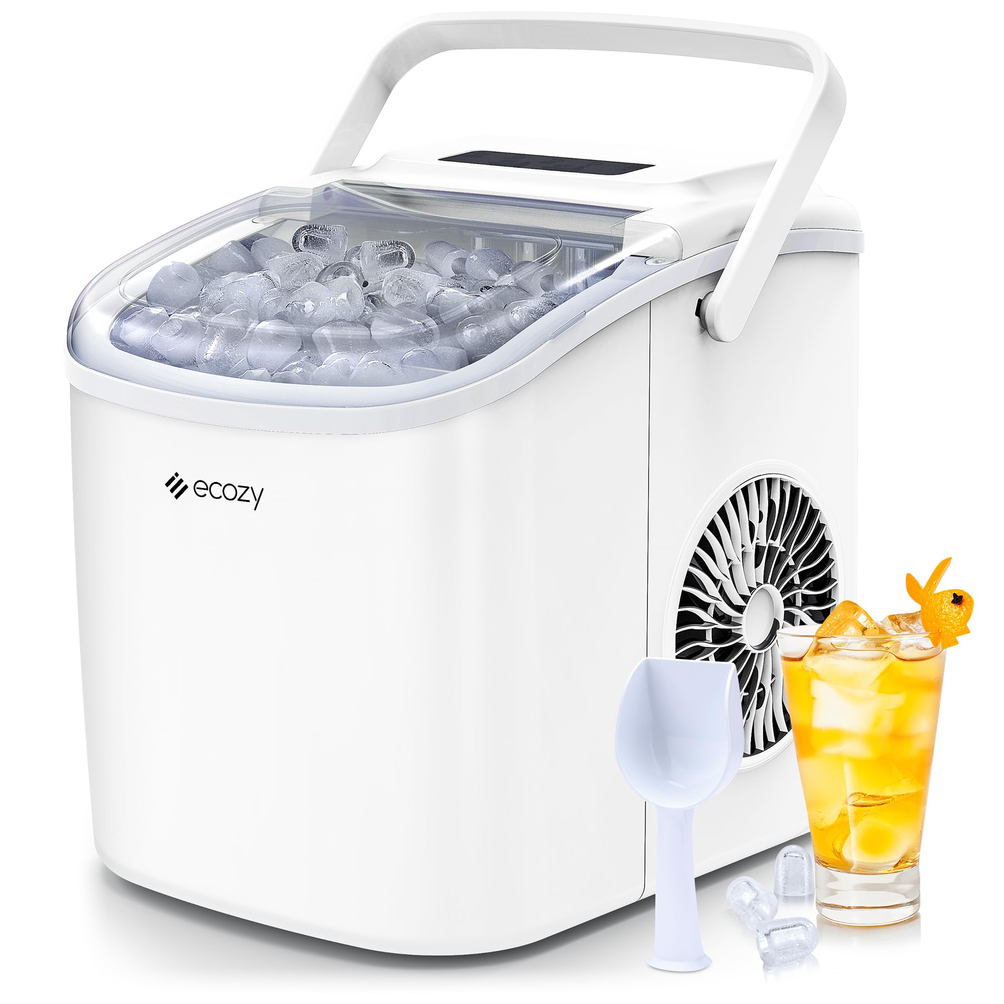 Ecozy Portable Countertop Ice Maker - Fast 9 Ice Cubes in 6 Minutes, 26 lbs Daily Output, Self-Cleaning with Ice Bags, Scoop & Basket - Perfect for Kitchen, Office, Bar, Party & Outdoor Gatherings - White