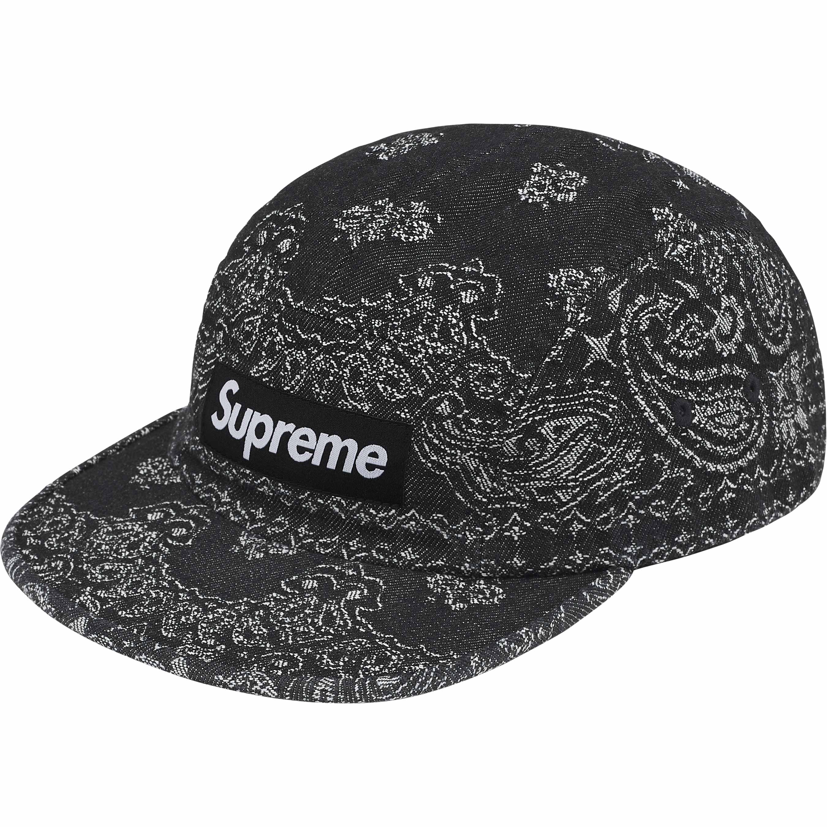 Supreme Bandana Jacquard Denim Camp Cap - Black Hip Hop Streetwear Hat for Men & Women | Perfect for Casual Outfits, Music Festivals and Urban Fashion