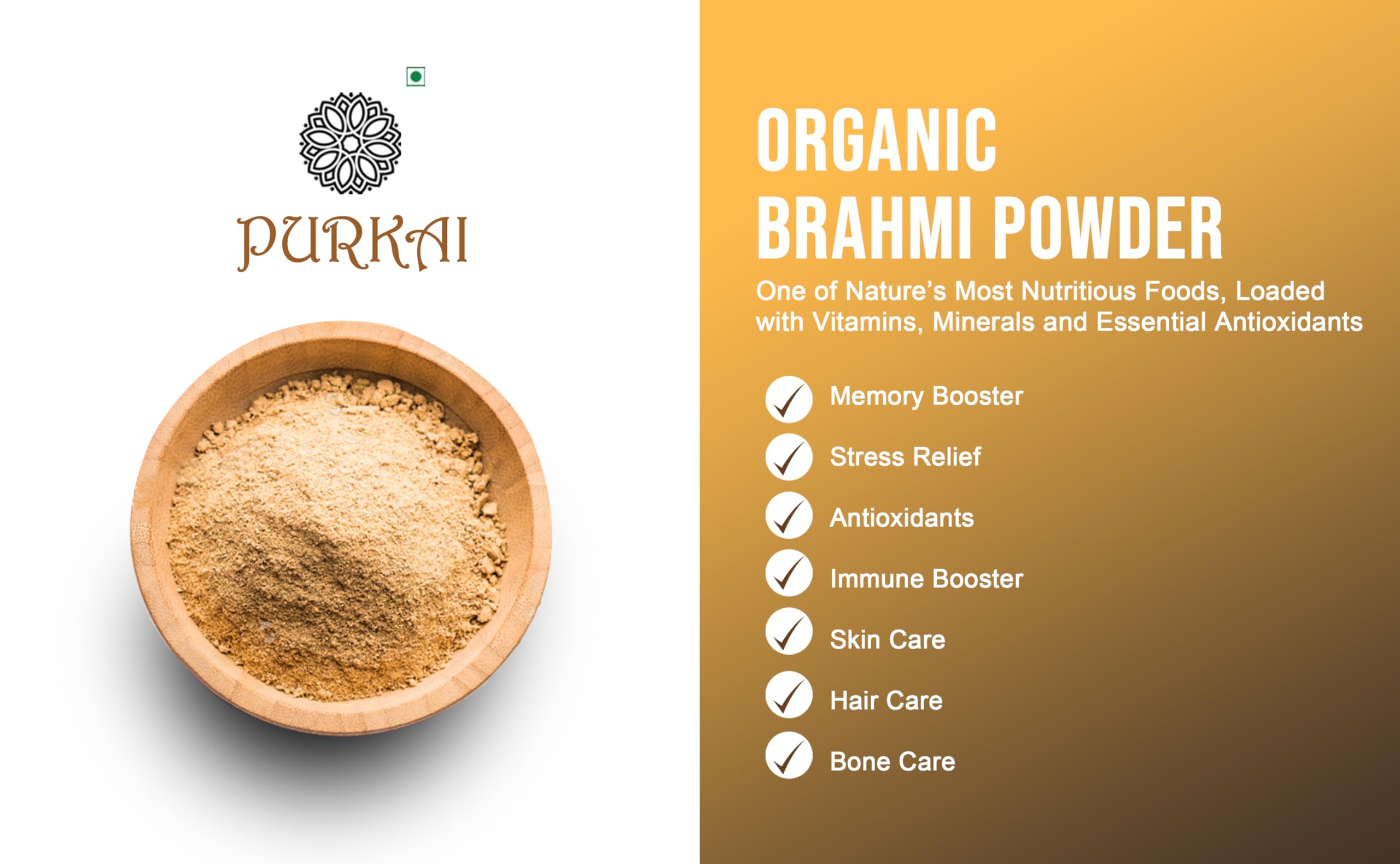 PURKAI - 100% Organic Brahmi Powder (Bacopa Monnieri) | Natural Stress Relief & Anxiety Support | Hair Growth & Scalp Care Supplement | Perfect for Meditation, Study Focus & Ayurvedic Wellness Routines