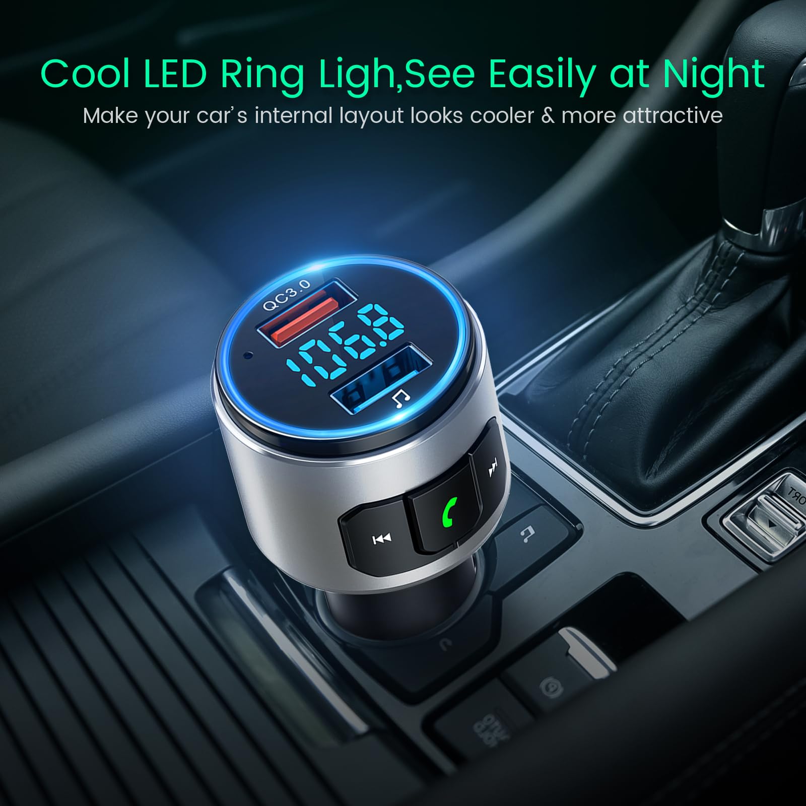 Upgraded V5.3 Bluetooth FM Transmitter for Car - Wireless Music Player with QC3.0 Fast Charging, LED Backlit Display & Hands-Free Calling | Compatible with Siri & Google Assistant (Silver) | Perfect for Road Trips, Commuting & Streaming Music in Your Vehicle