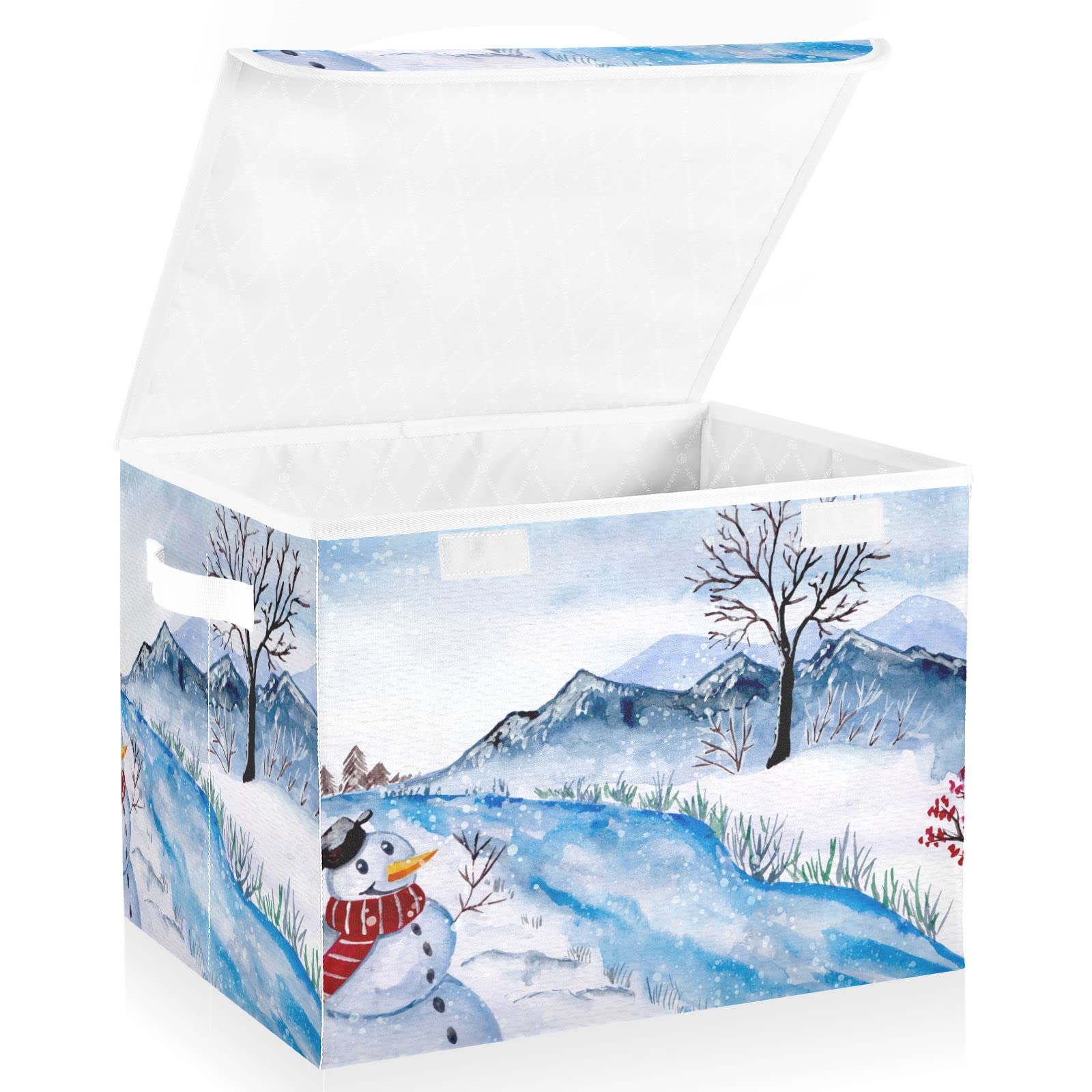 Collapsible Watercolor Snowman Storage Bins with Lids - Winter Christmas Decorative Organizer Boxes for Closet, Shelves, Kids Room & Nursery - Perfect for Holiday Decor, Toy Storage & Home Organization