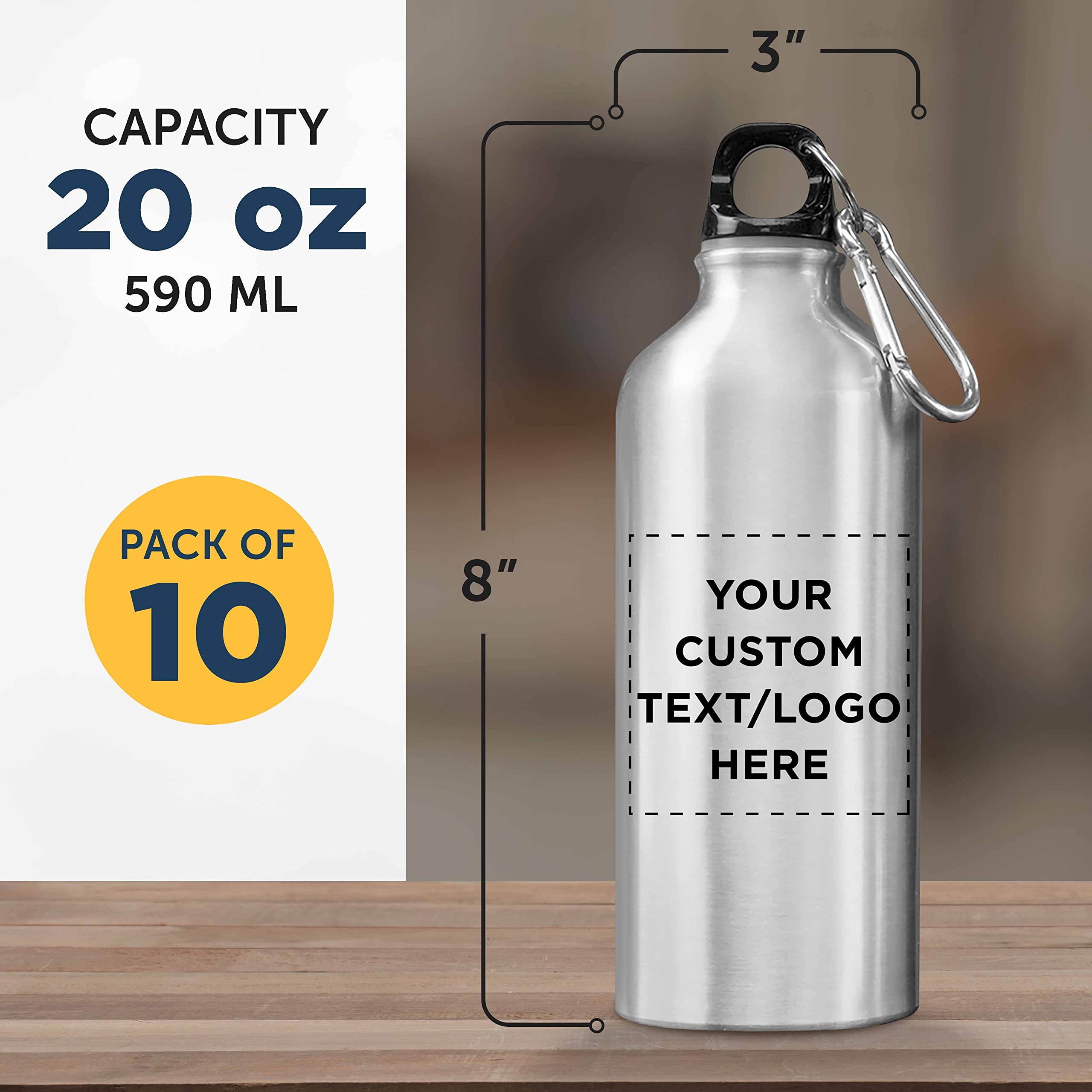 Custom 20 oz Aluminum Water Bottles Bulk Pack of 10 - Personalized & Reusable Gym Bottles for Hiking, Camping, Sports & Outdoor Activities - Silver Metal Water Bottle Set - Ideal for Fitness, Travel & Office Use
