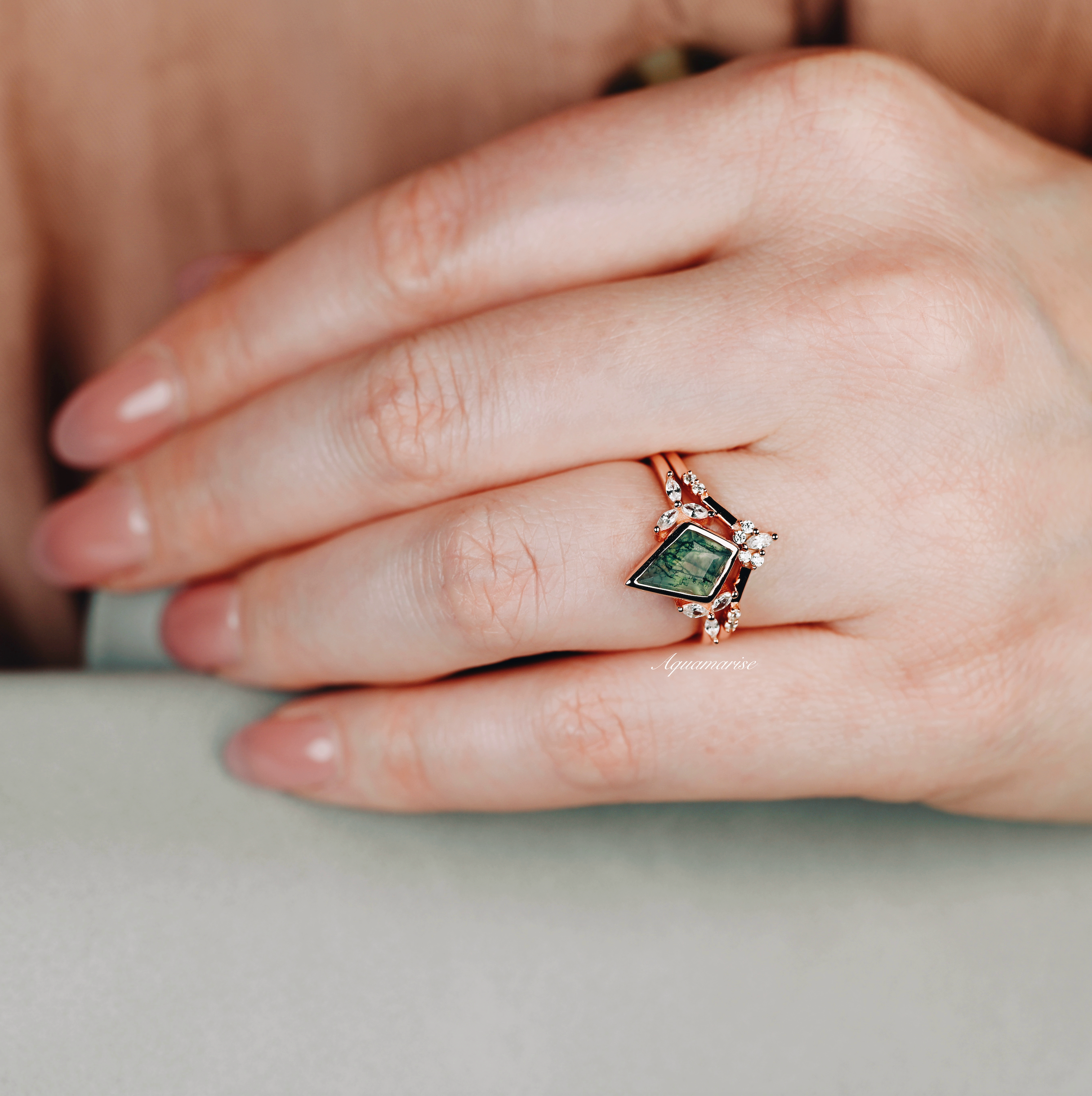 14K Rose Gold Vermeil Kite Green Moss Agate Ring Set for Women - Elegant Boho Jewelry Gift for Birthday, Anniversary & Special Occasions