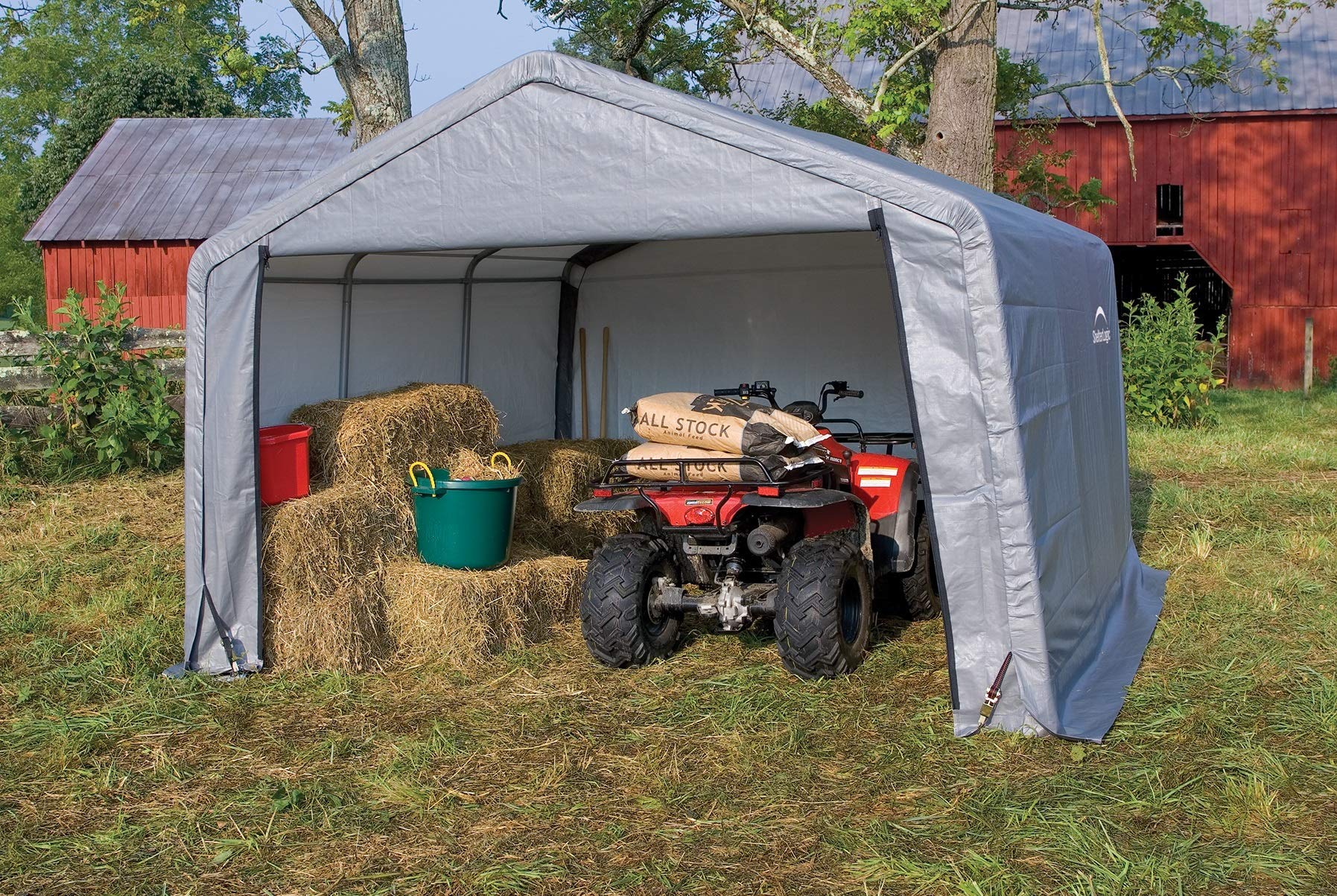 ShelterLogic 12' x 12' All-Season Steel Outdoor Storage Shed with Waterproof Cover & Heavy-Duty Anchors - Weatherproof Metal Shed for Garden Tools, Pool Equipment & Backyard Storage (Peak Roof Design)