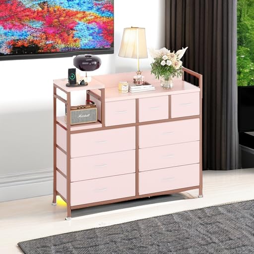 Jojoka TV Stand with Charging Station - 9-Drawer Modern Dresser for Bedroom & Living Room - Pink Entertainment Center for TV, Gaming Console & Media Storage