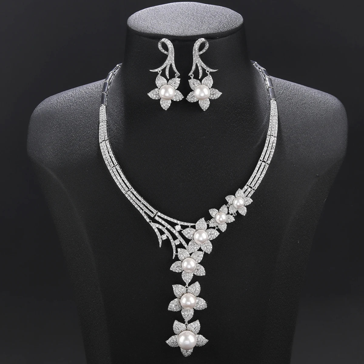 Luxury 2-Piece Cubic Zirconia Pearl Flower Necklace & Earrings Set for Women - Elegant Wedding, Party & Evening Jewelry - Perfect for Bridal, Prom & Special Occasions