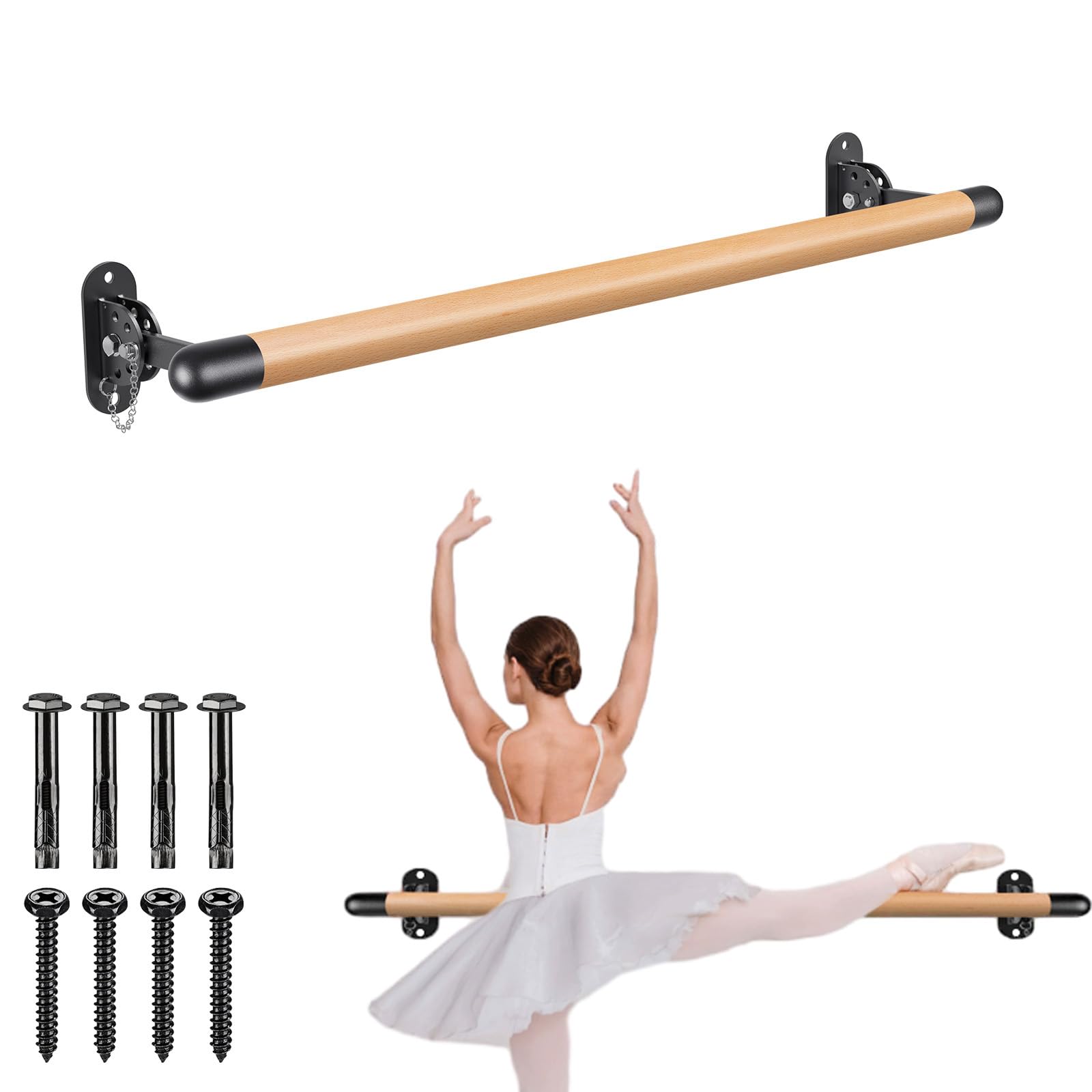 BeneLabel Adjustable Wall Mount Ballet Barre - Solid Wood Dance Bar with Metal Brackets for Ballet, Yoga & Home Dance Training - Perfect for Studios, Gyms & Home Practice