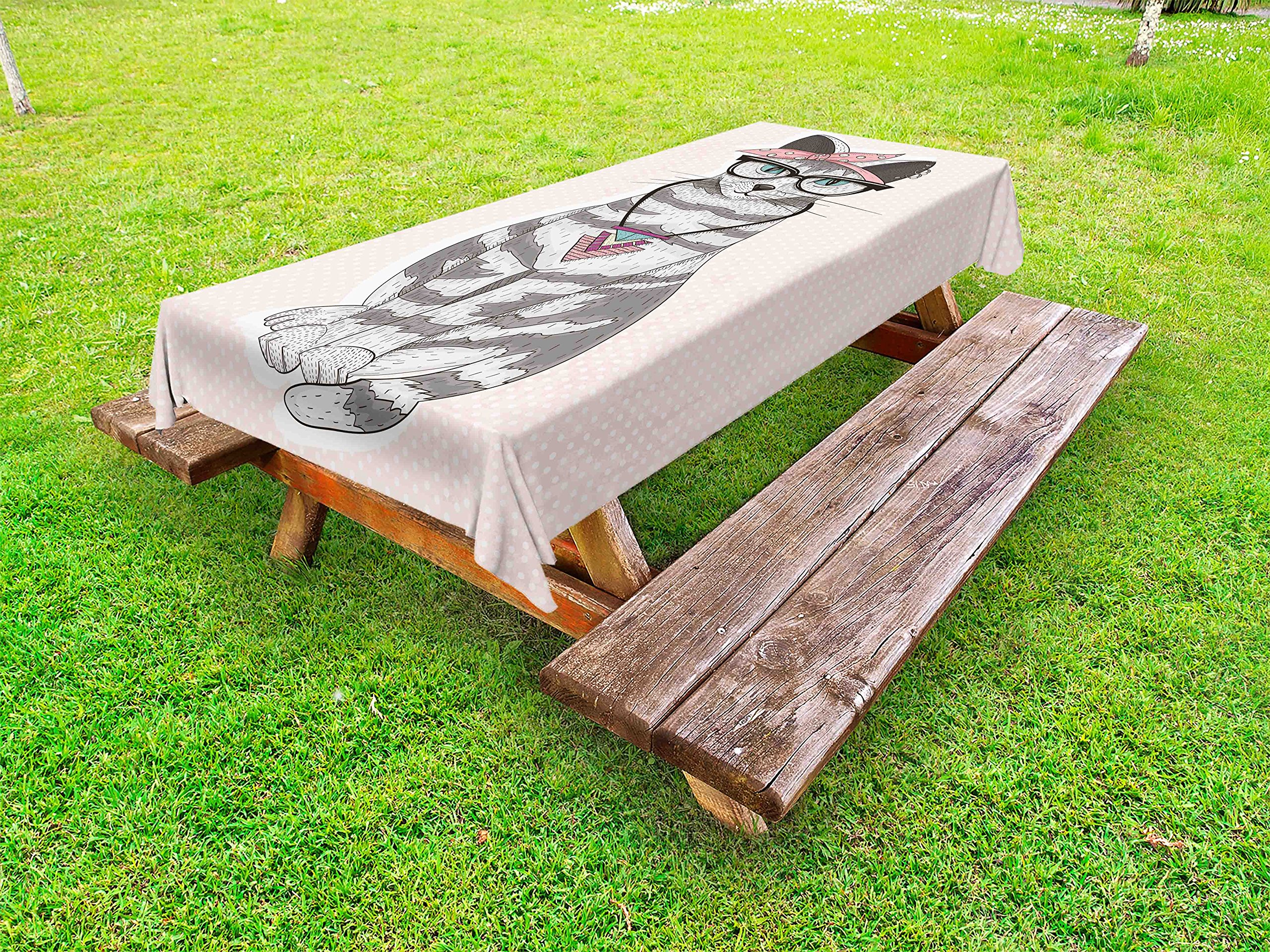 Ambesonne Cat Outdoor Tablecloth - Pop Art Kitty with Glasses on Polka Dot Background, Washable Picnic Table Cover 58x120 Inches, Pale Pink & Grey - Perfect for Garden Parties, BBQs, and Outdoor Dining Decor