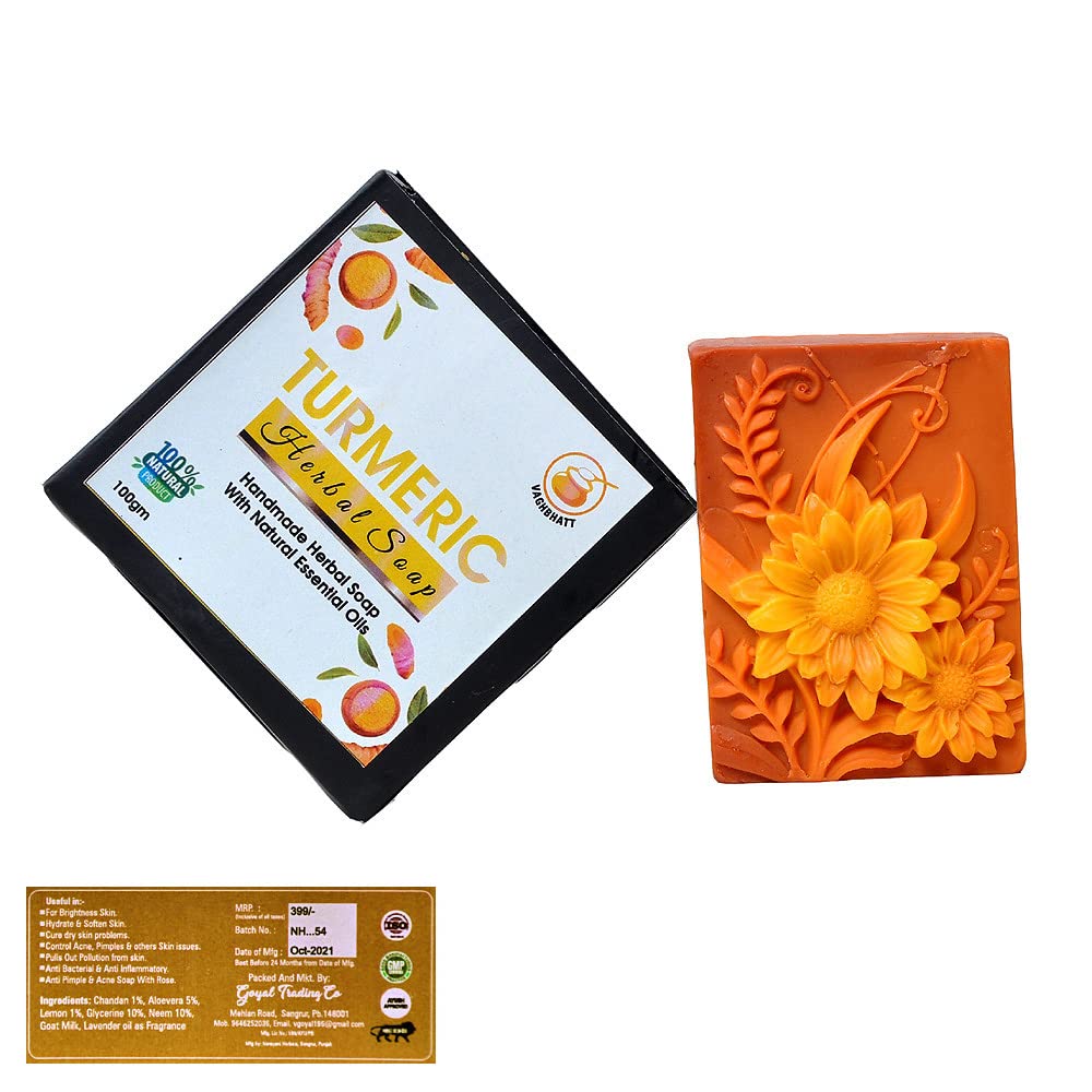 Vaghbhatt Handmade Turmeric Soap Bar - 100% Pure Herbal, Natural & Organic, 100g (Pack of 2) - Gentle Cleansing for Sensitive Skin, Acne Treatment & Skin Brightening - Perfect for Daily Face & Body Wash, Spa Treatment & Ayurvedic Skincare Routine