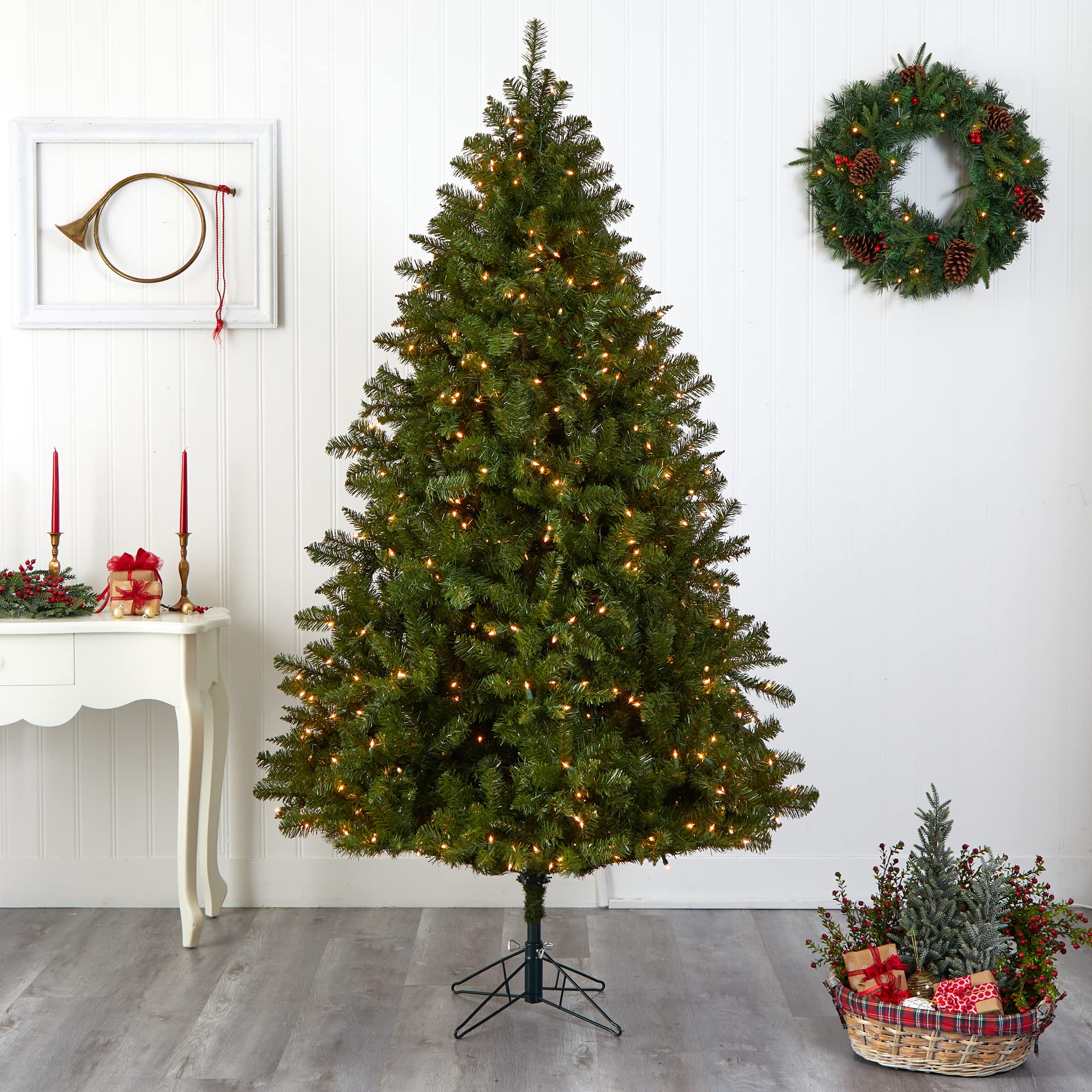 Nearly Natural 5374 7.5-Foot Pre-Lit Artificial Christmas Tree with Clear Lights - Realistic Green Pine for Holiday Home Decor, Living Room, Office & Party Decoration