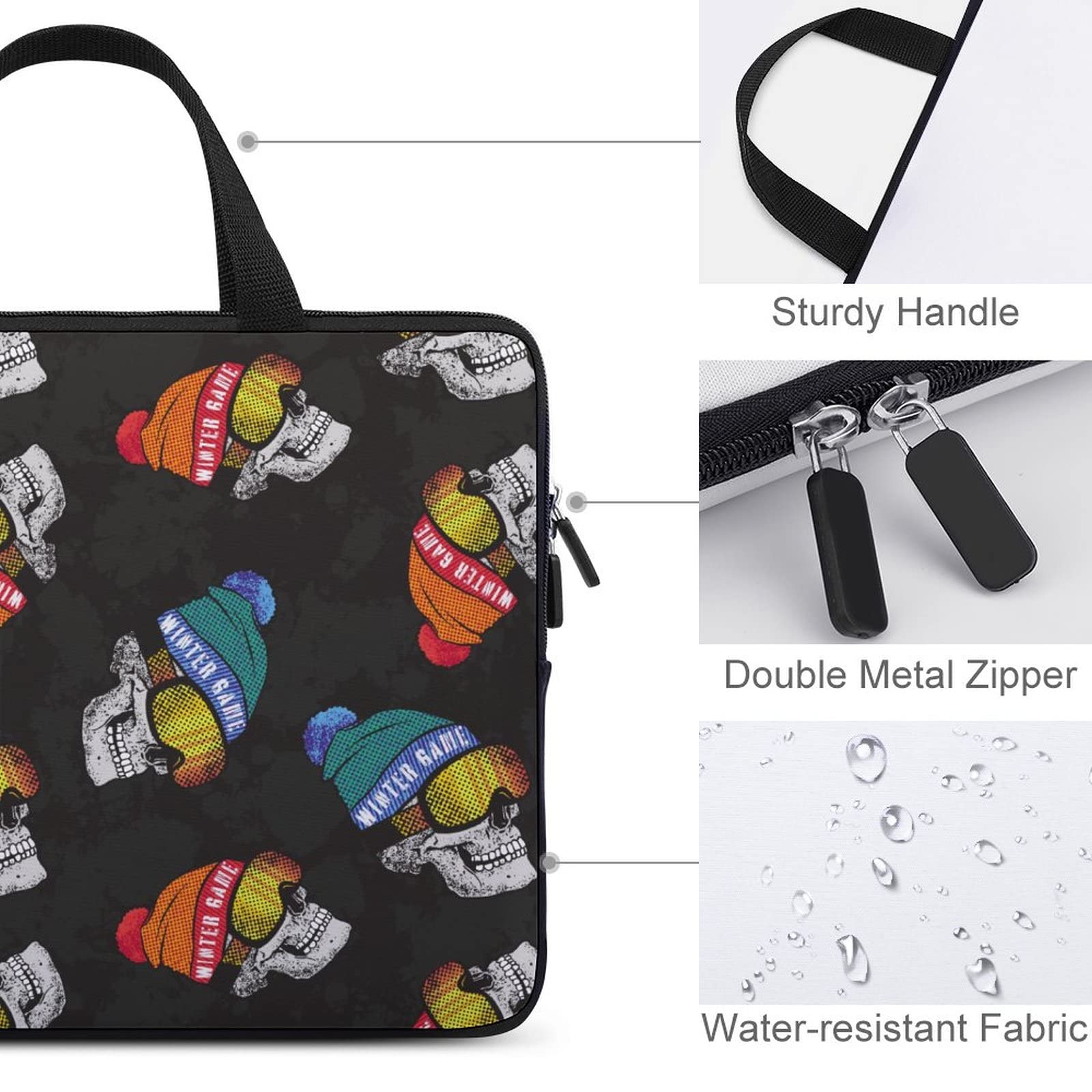 Skull Print Ready to Ride Ski Laptop Bag - 15.6 Inch Waterproof Laptop Case Sleeve with Shoulder Strap - Durable Work & Travel Laptop Briefcase for Commuting, Business Trips & Outdoor Adventures